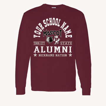 A maroon long sleeve shirt, a piece of custom alumni memorabilia, personalized with a school nation emblem.