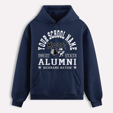 A navy blue custom alumni hoodie with a personalized "School Nation" design, a perfect gift for class reunions.