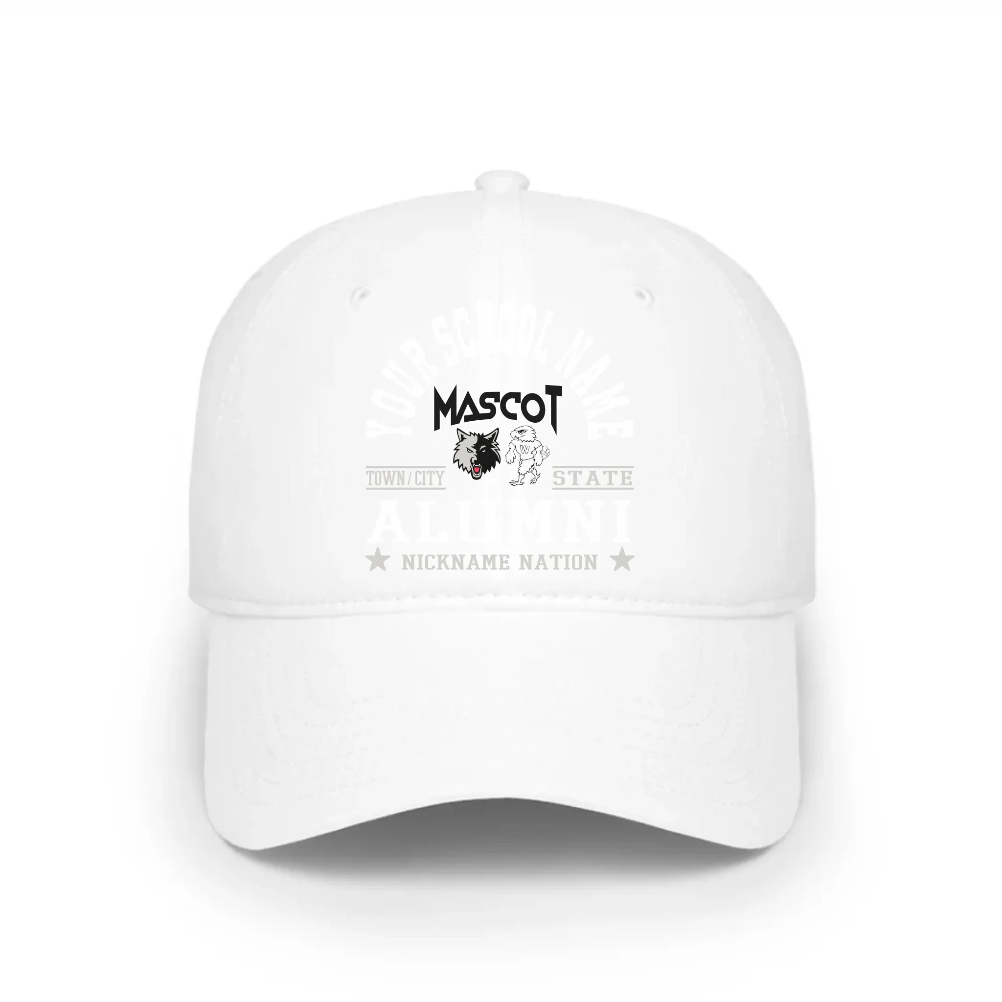 A personalized graduation gift: a classic white baseball cap that can be customized with any school's nation logo.