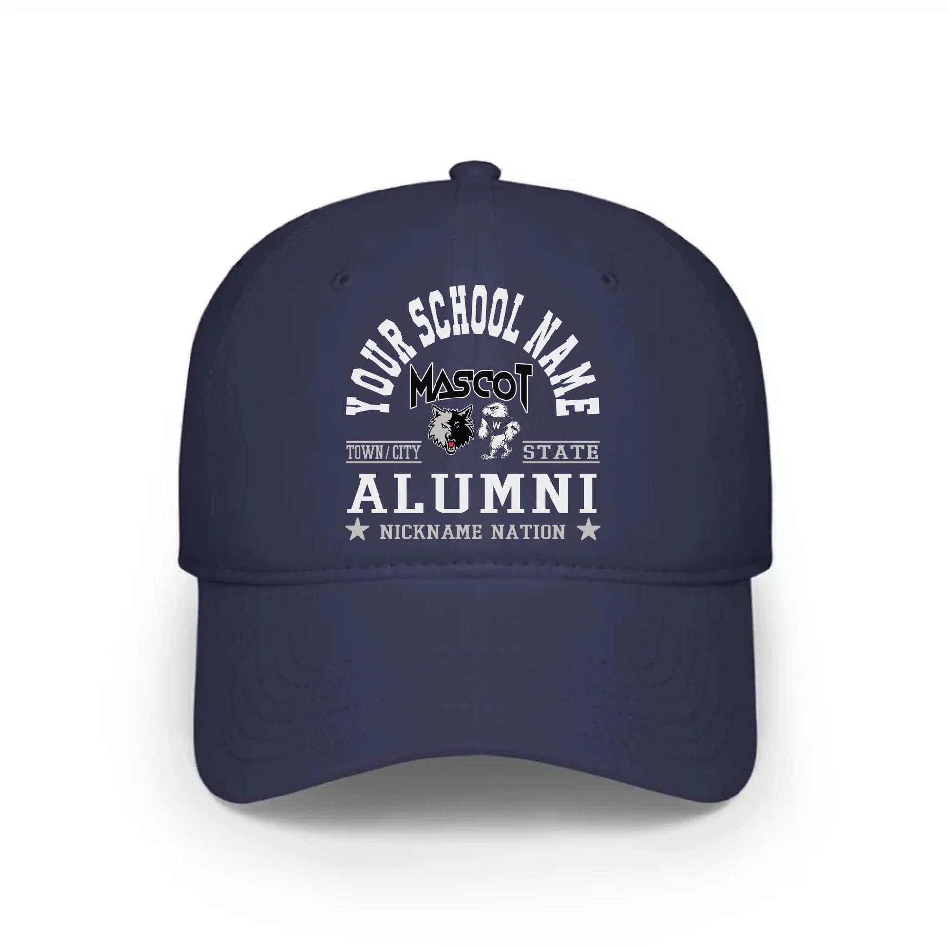 A unique alumni gift: a classic navy blue baseball cap that can be personalized with any school's nation logo.