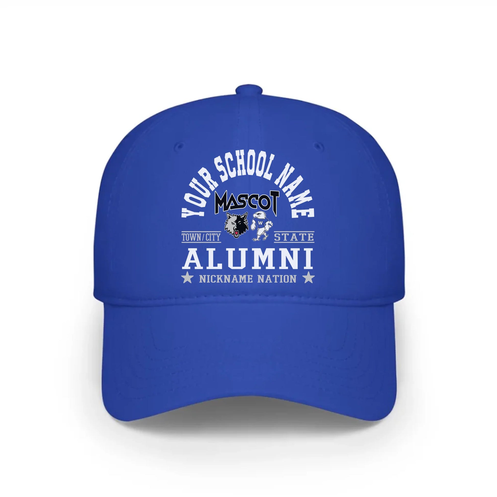 A royal blue baseball cap, a classic piece of college apparel for alumni, featuring a custom school nation design.