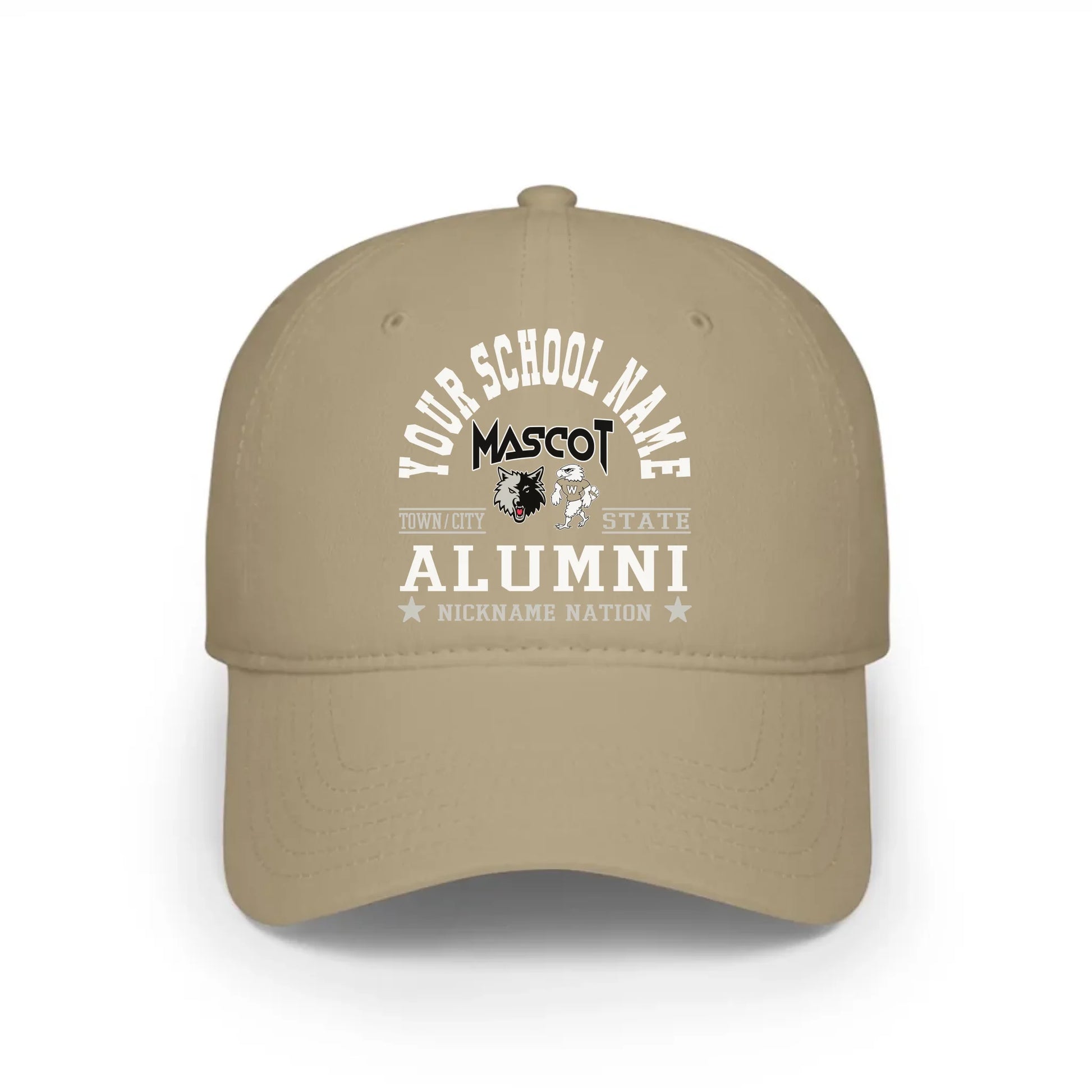 A khaki baseball cap in a vintage alumni clothing style, personalized for any high school or college graduate.