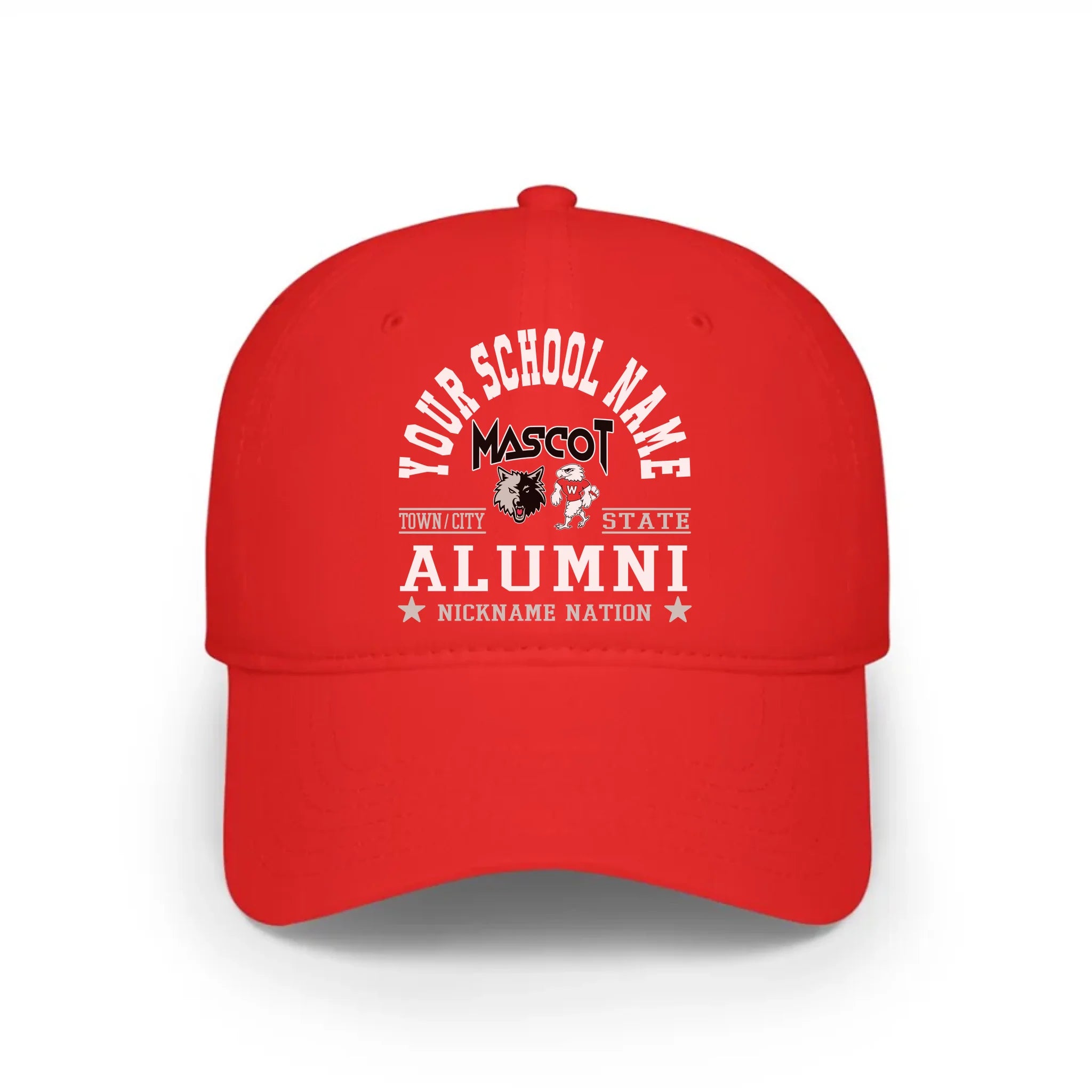 A red personalized alumni cap, a great piece of school spirit wear for gameday or homecoming.