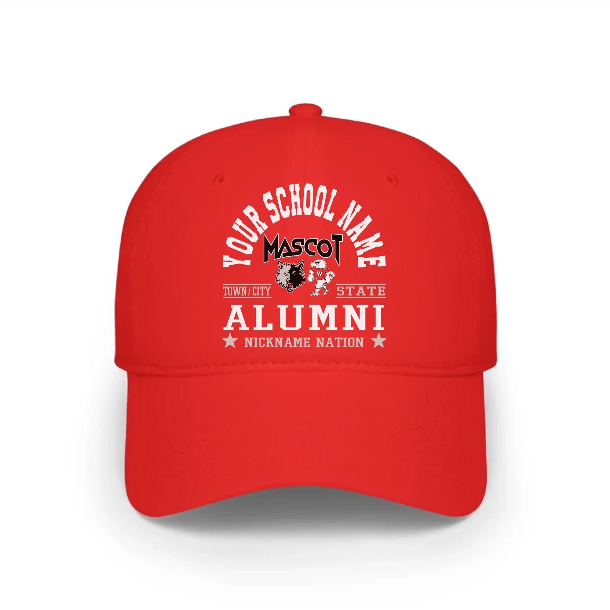 A red personalized alumni cap, a great piece of school spirit wear for gameday or homecoming.