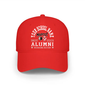 A red personalized alumni cap, a great piece of school spirit wear for gameday or homecoming.