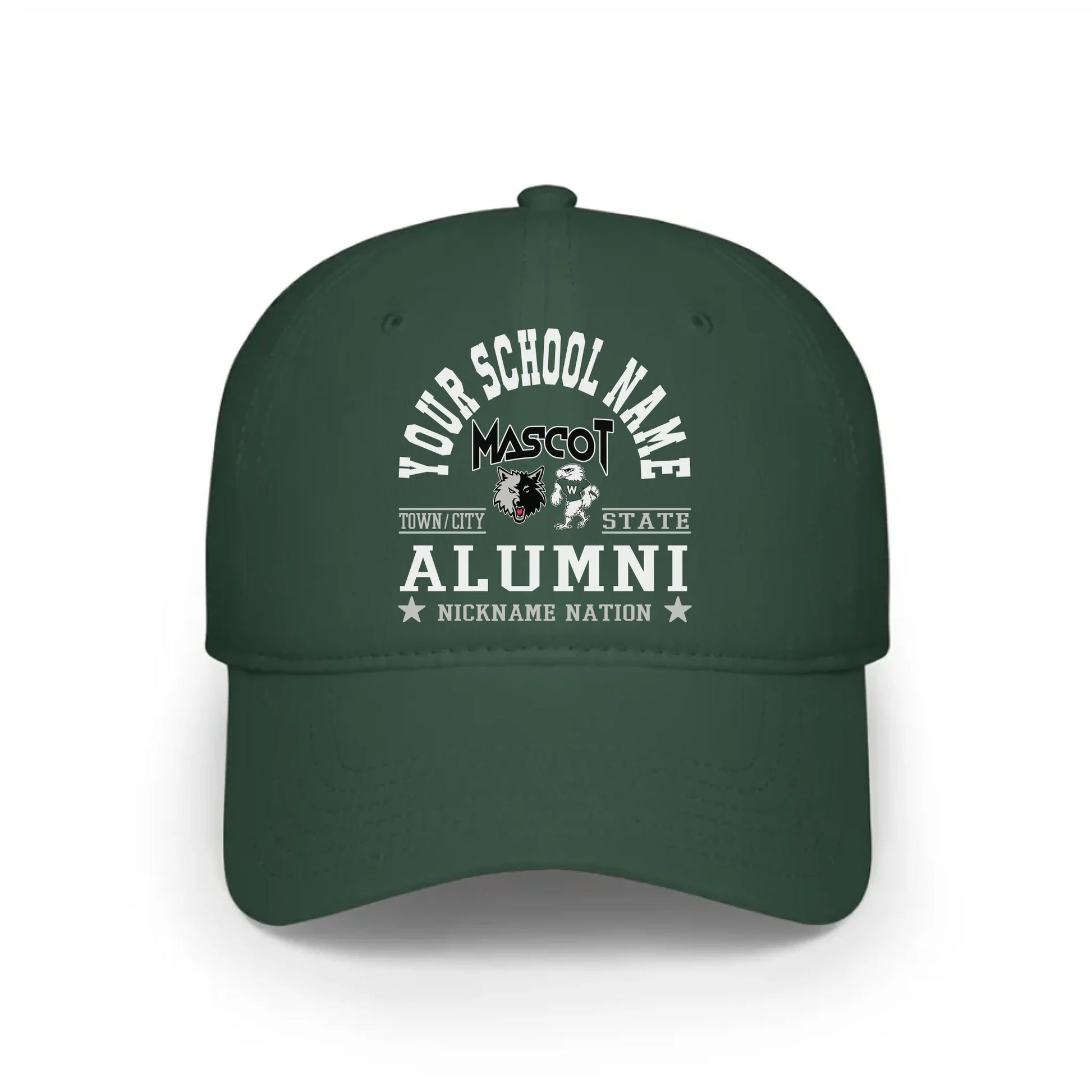 A forest green baseball cap, one of many customized gifts for alumni, featuring their school's unique nation emblem.