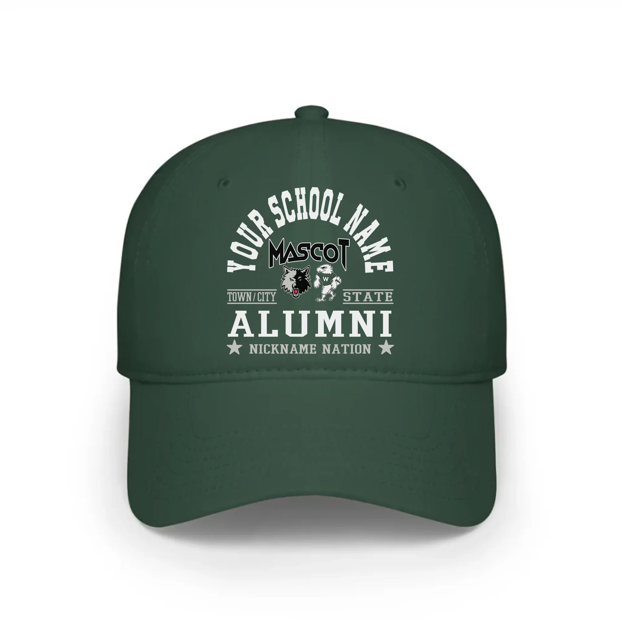 A forest green baseball cap, one of many customized gifts for alumni, featuring their school's unique nation emblem.
