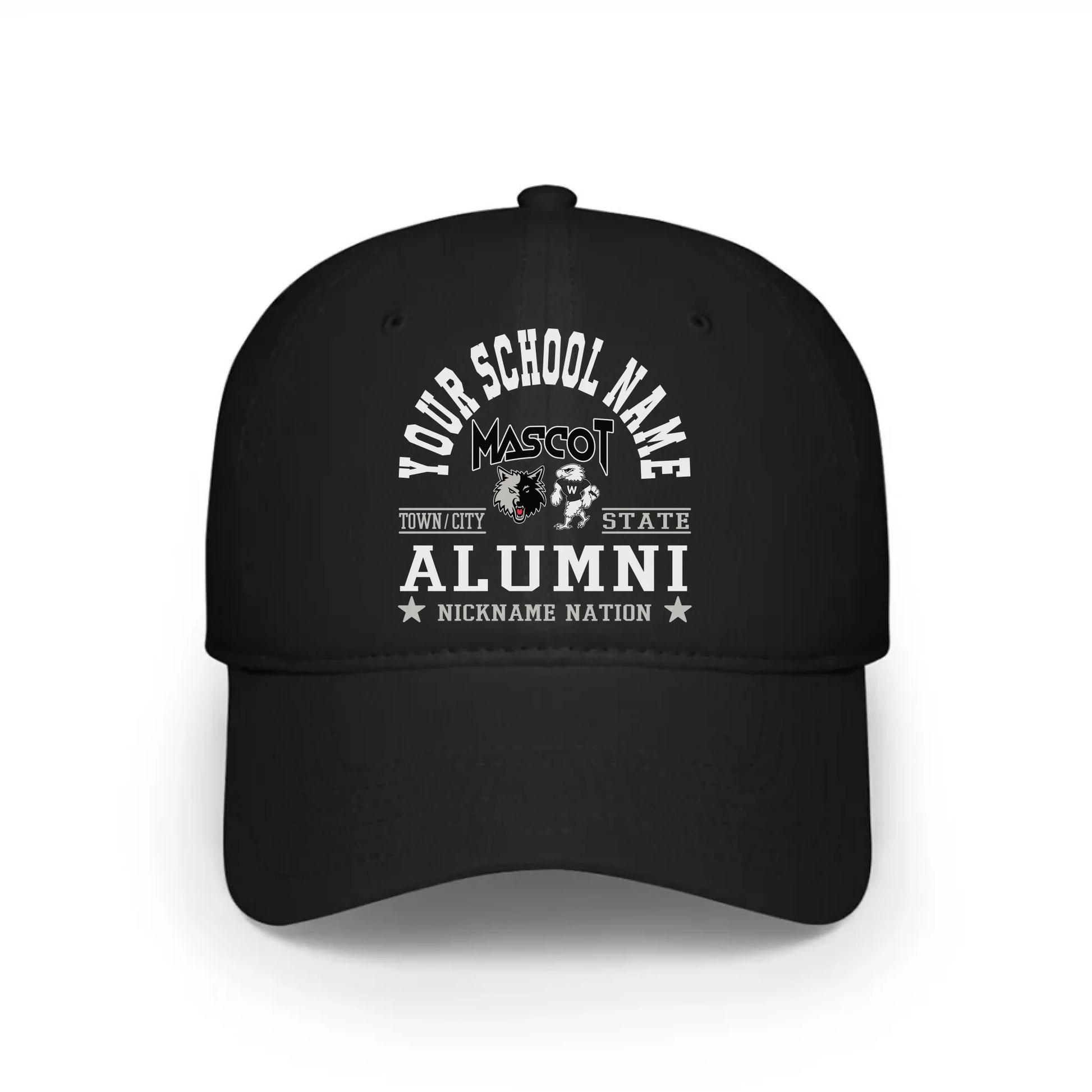A black custom alumni baseball cap with a personalized "School Nation" design, a great gift for class reunions.
