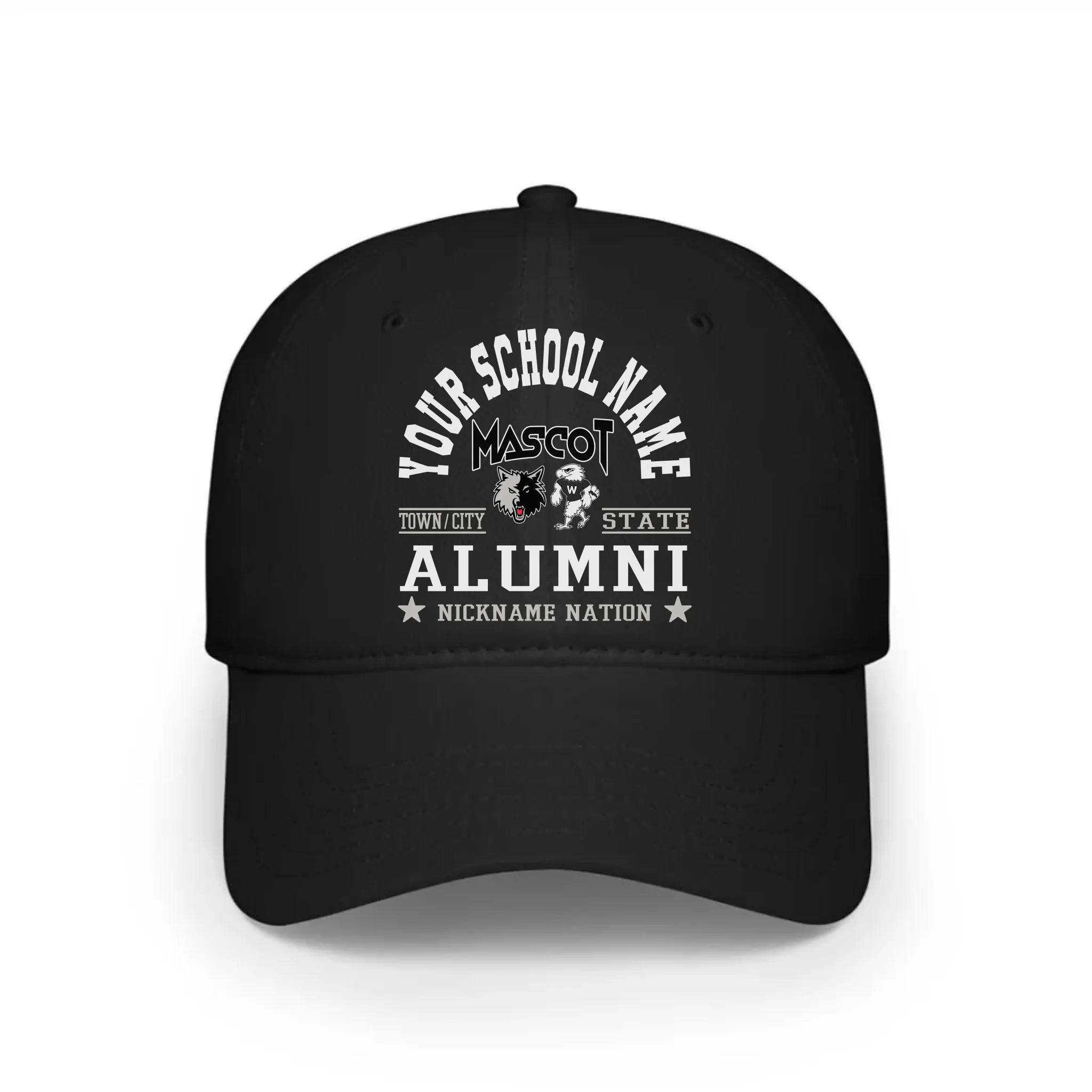A black custom alumni baseball cap with a personalized "School Nation" design, a great gift for class reunions.
