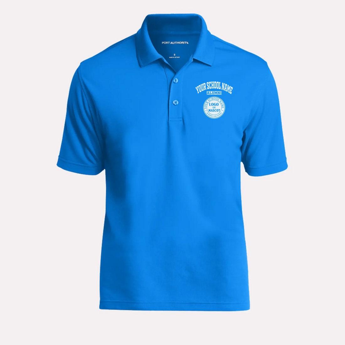 A man's classic forest green polo shirt with a custom school logo, a timeless piece of alumni apparel.
