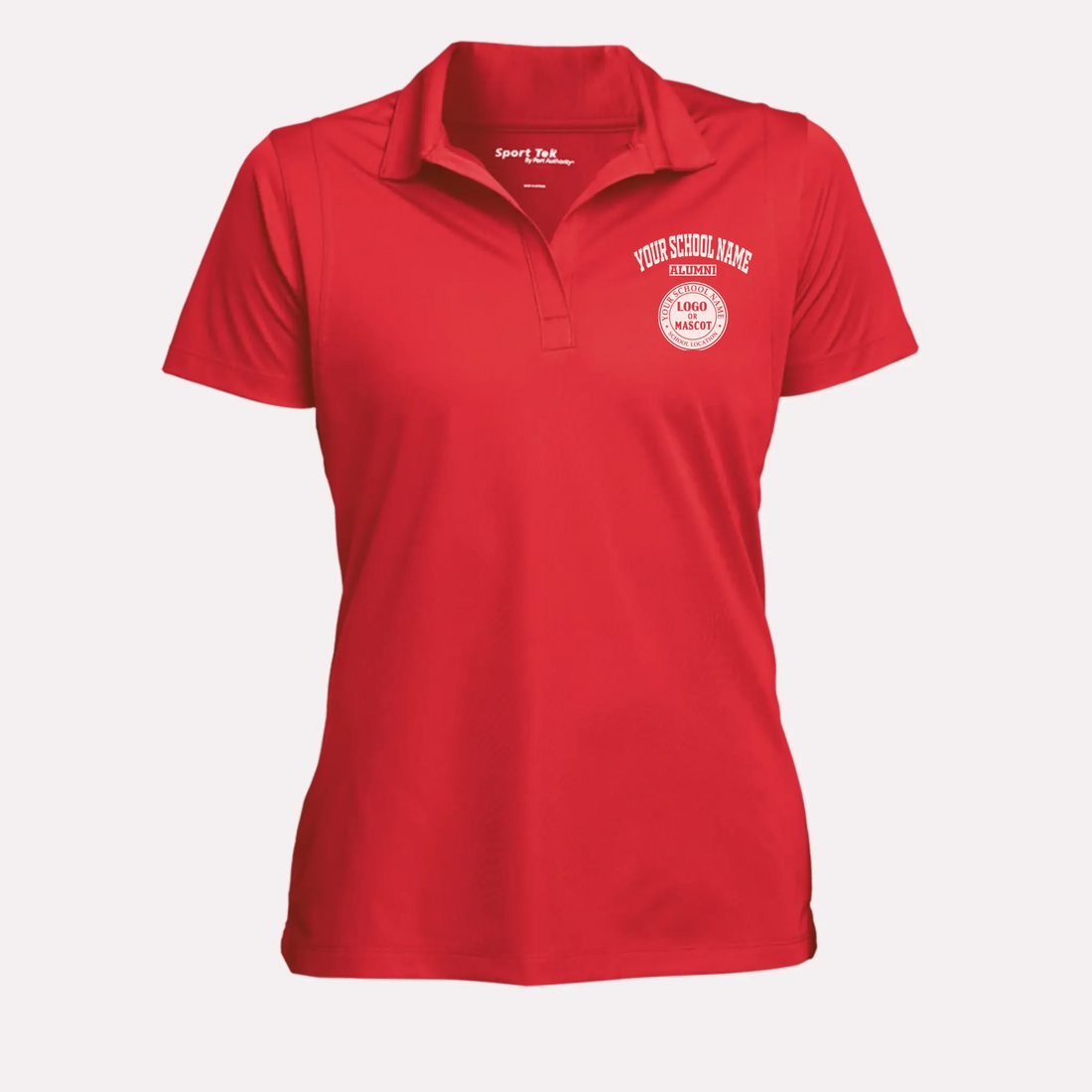A woman's black performance polo shirt with a custom school logo, featuring a flattering feminine fit for alumnae.