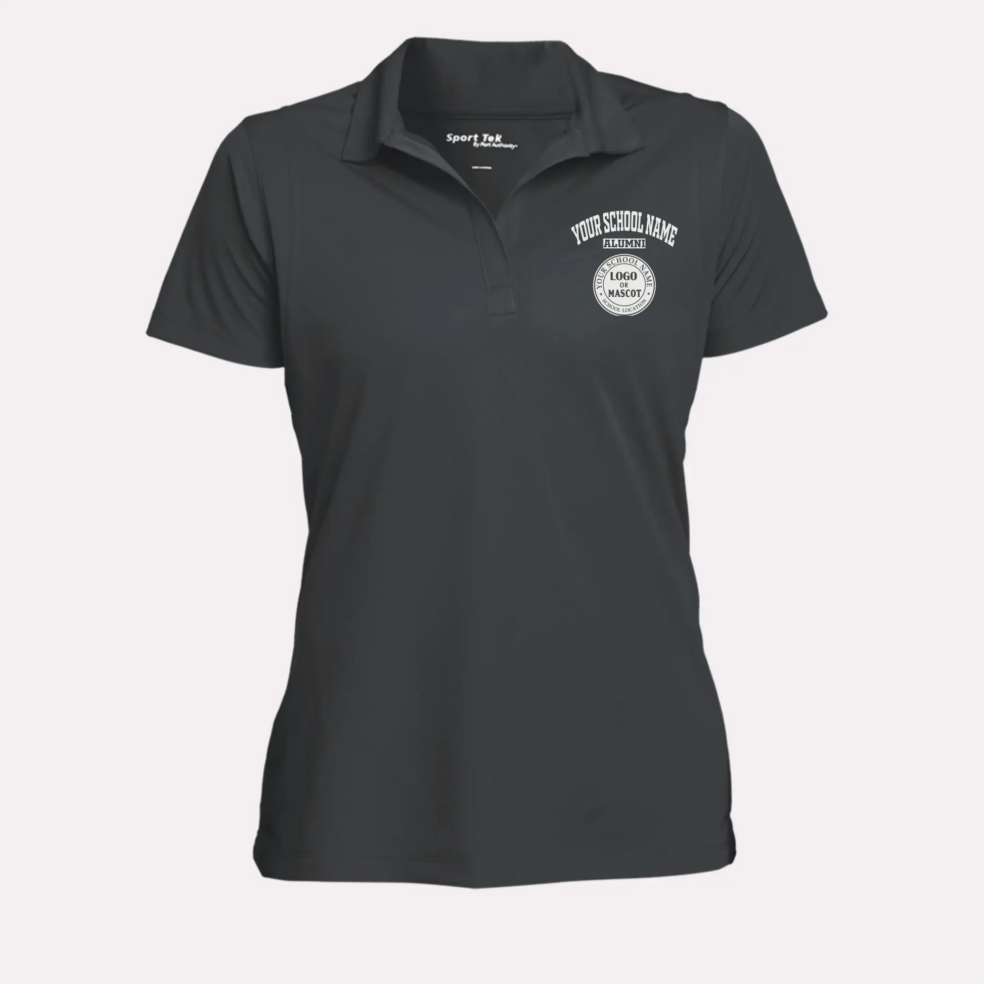 A graphite grey women's school polo, featuring a snag-resistant and moisture-wicking fabric for all-day comfort.