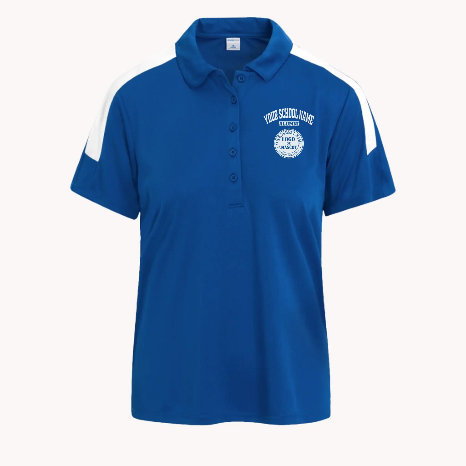 A royal blue women's performance polo with a distinctive colorblock style, a perfect university alumni gift for her.