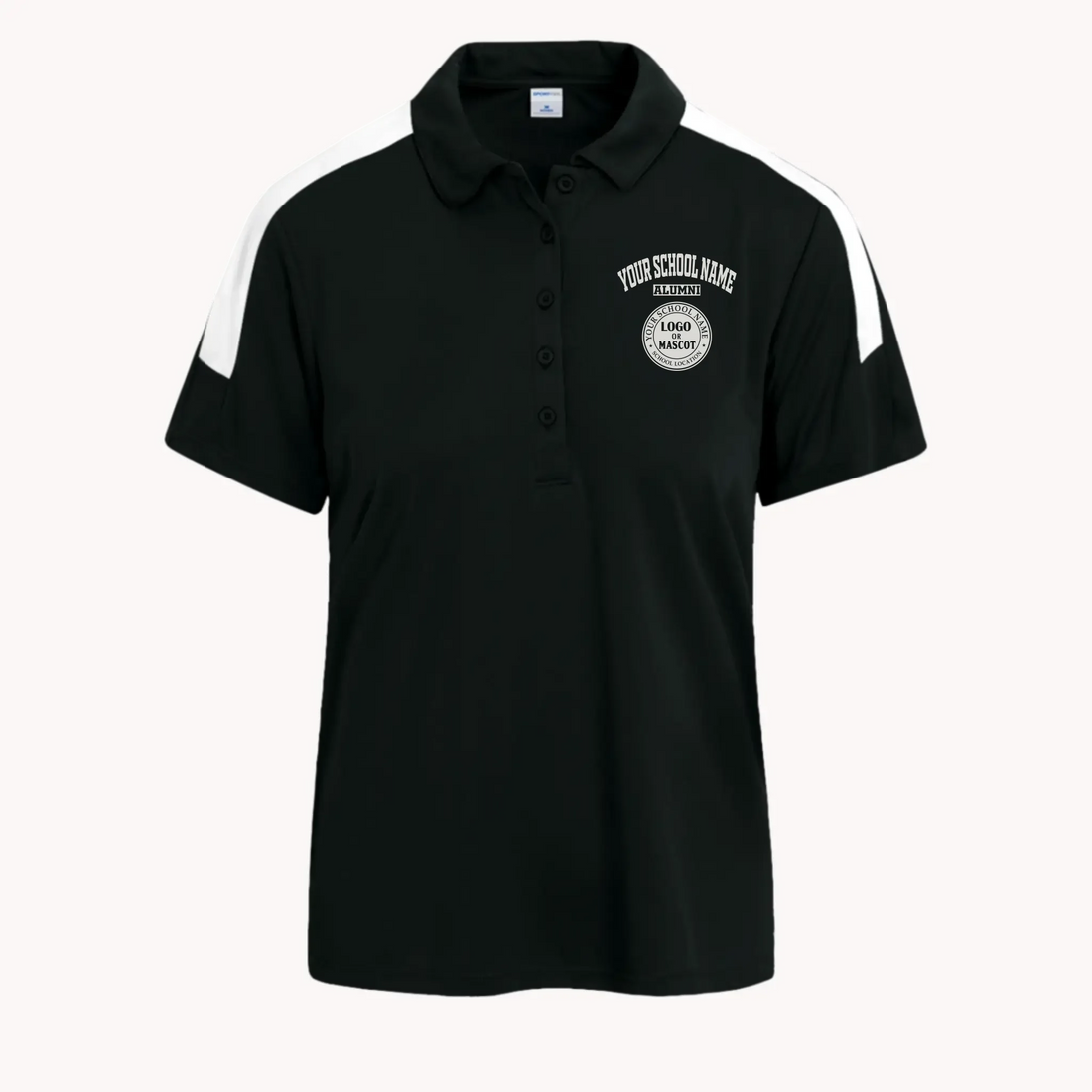 A woman's light blue colorblock polo shirt with a custom school logo, a stylish choice for any alumni event.