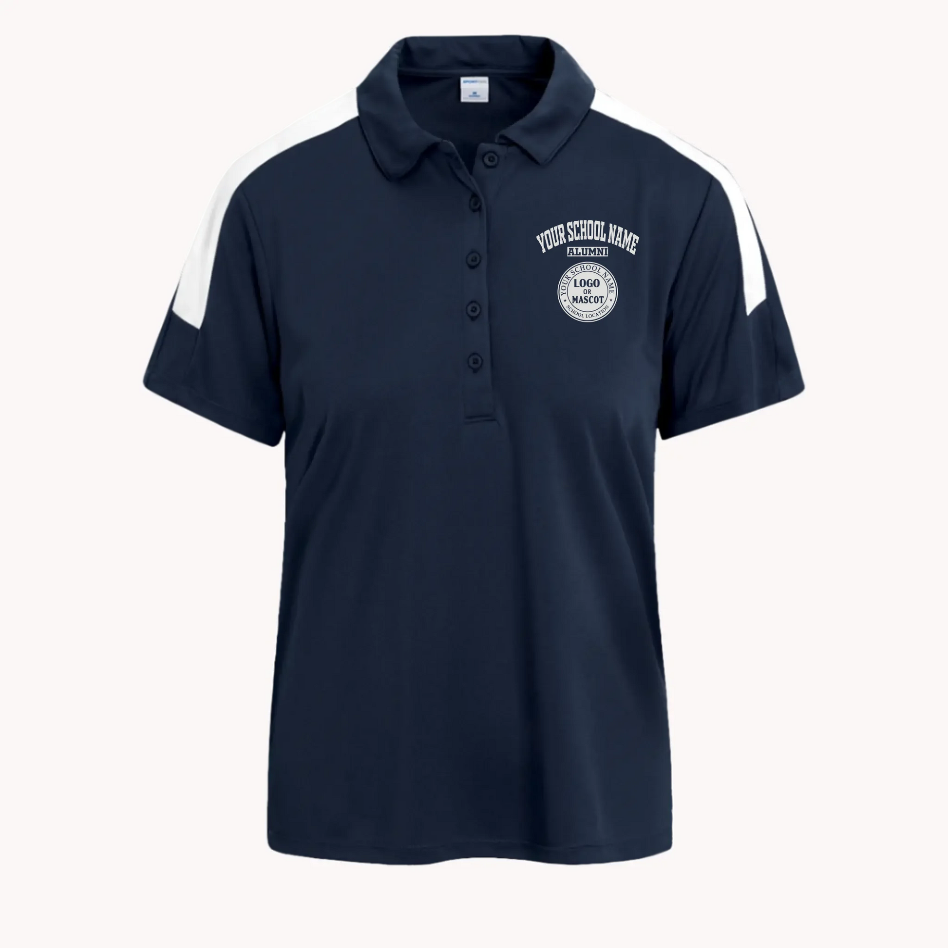 A navy blue personalized and moisture-wicking competitor polo for alumnae, perfect for outdoor events.