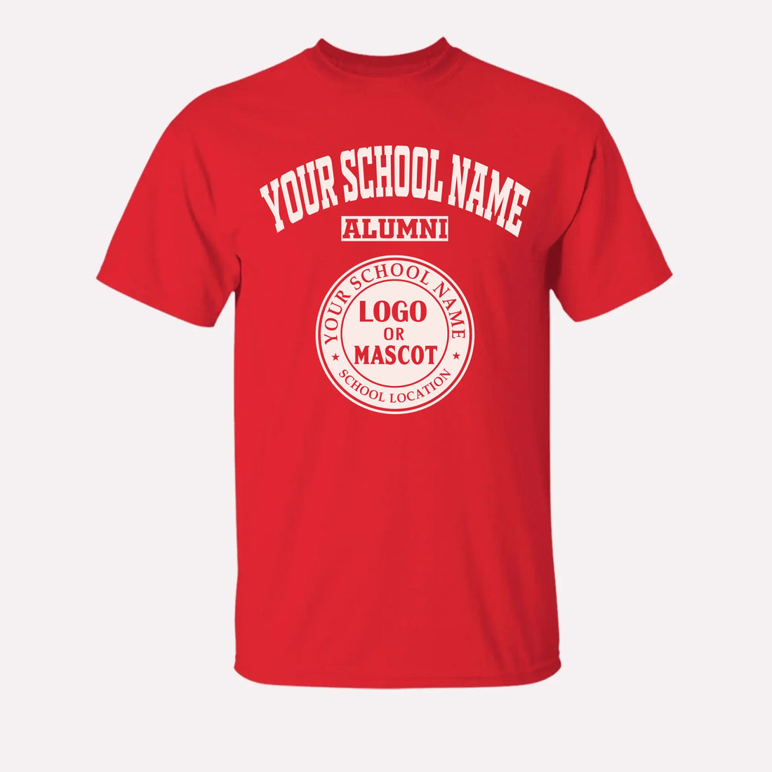 A red personalized alumni t-shirt, a great piece of school spirit wear for gameday or homecoming events.