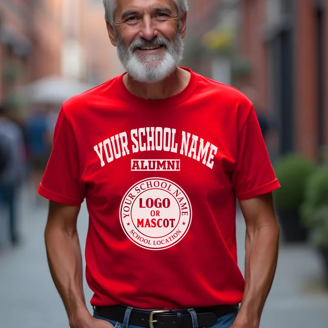A red personalized alumni t-shirt, a great piece of school spirit wear for gameday or homecoming events.