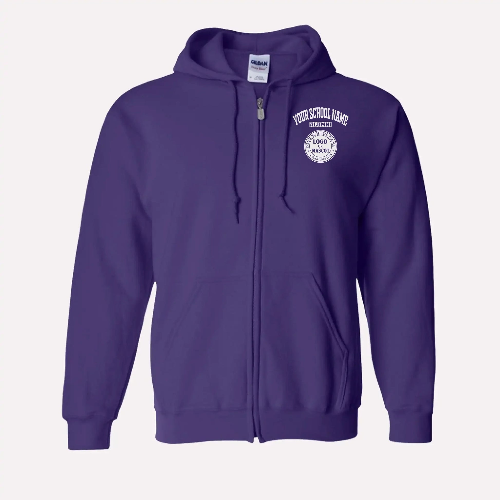 Personalized Alumni Zip Hoodie in Purple - Custom university sweatshirt design for schools