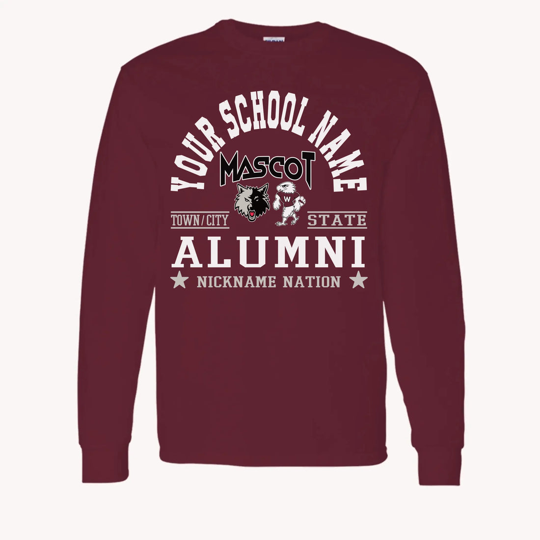 A maroon long sleeve shirt, a piece of custom alumni memorabilia, personalized with a school nation emblem.