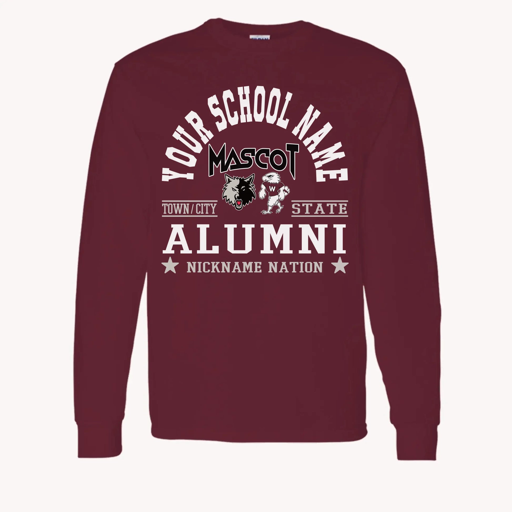 A maroon long sleeve shirt, a piece of custom alumni memorabilia, personalized with a school nation emblem.