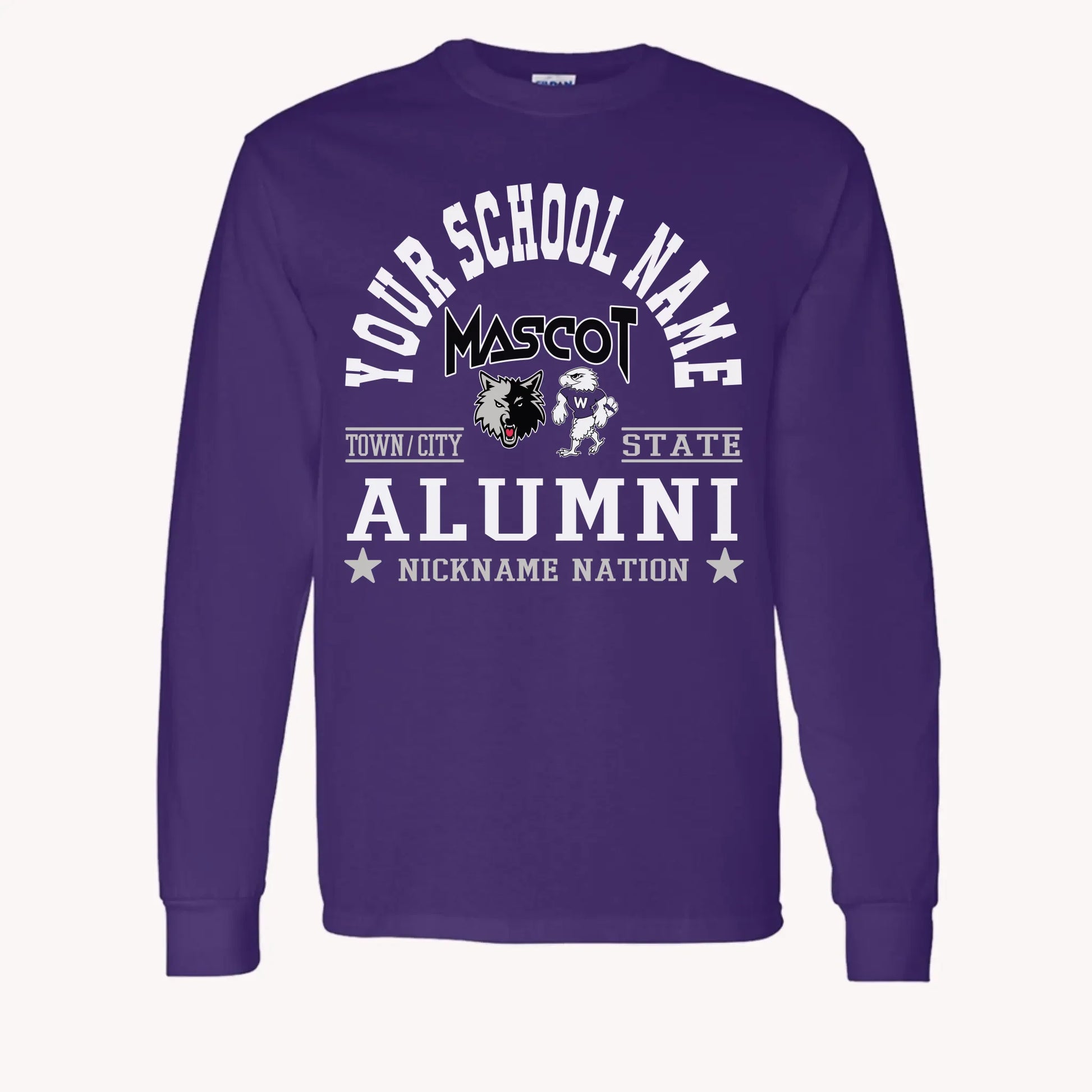 A maroon long sleeve shirt, a piece of custom alumni memorabilia, personalized with a school nation emblem.