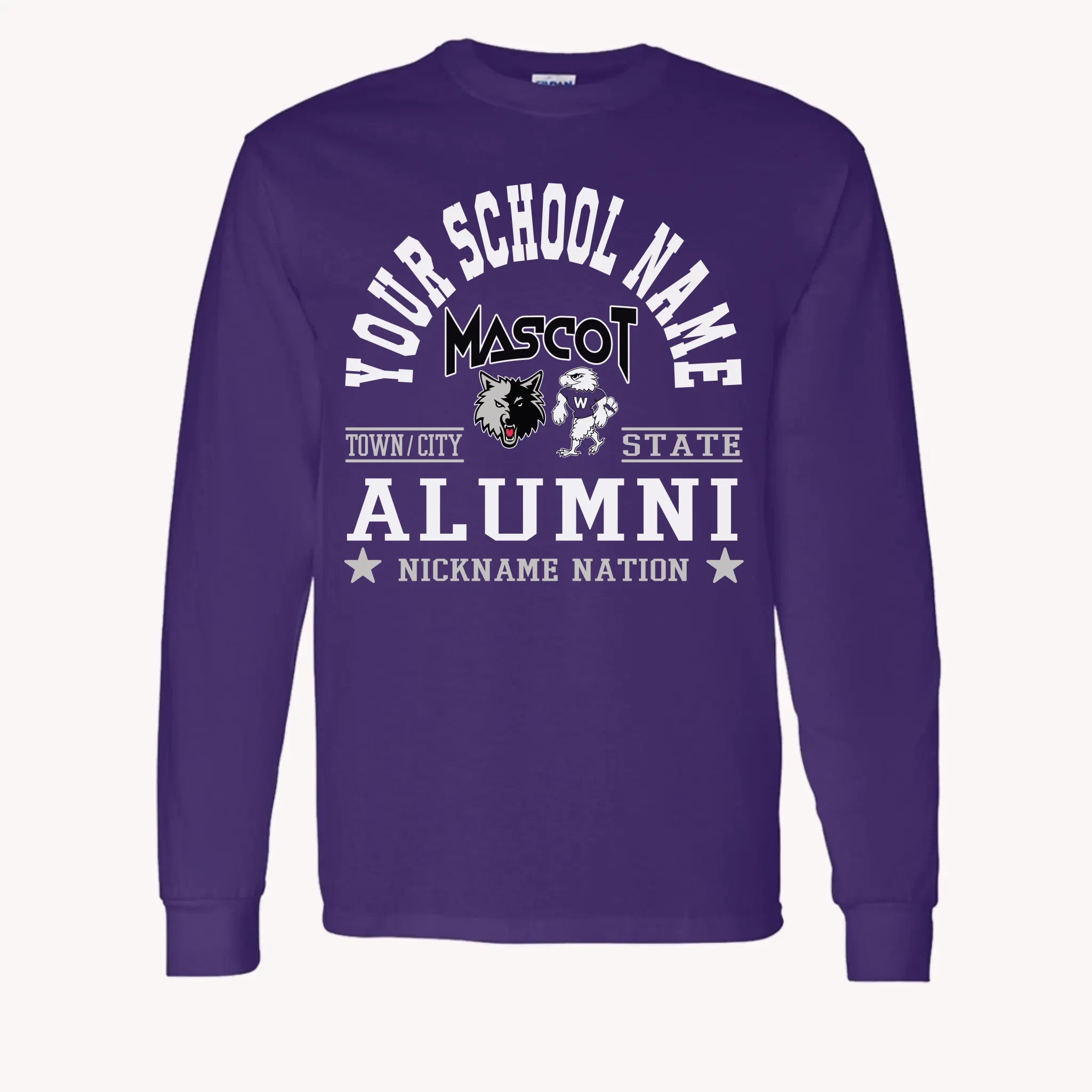 A maroon long sleeve shirt, a piece of custom alumni memorabilia, personalized with a school nation emblem.