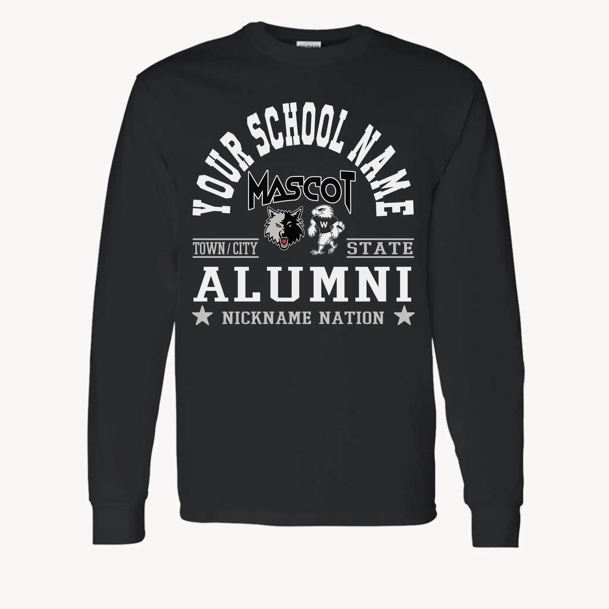 A maroon long sleeve shirt, a piece of custom alumni memorabilia, personalized with a school nation emblem.