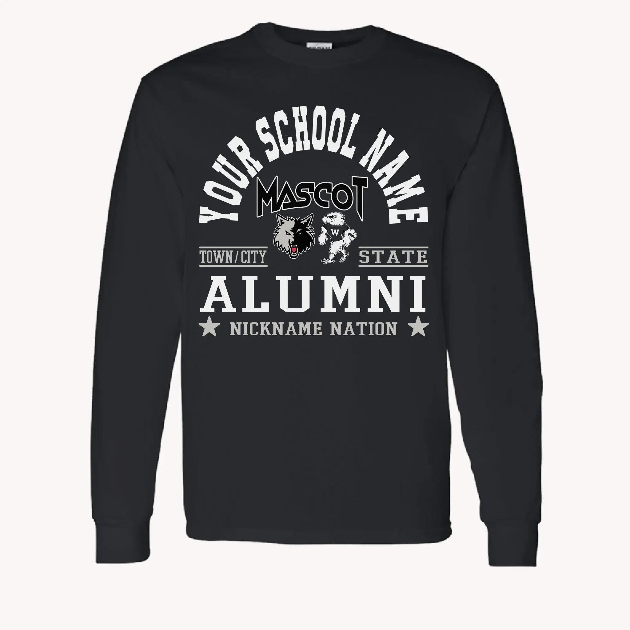 A maroon long sleeve shirt, a piece of custom alumni memorabilia, personalized with a school nation emblem.