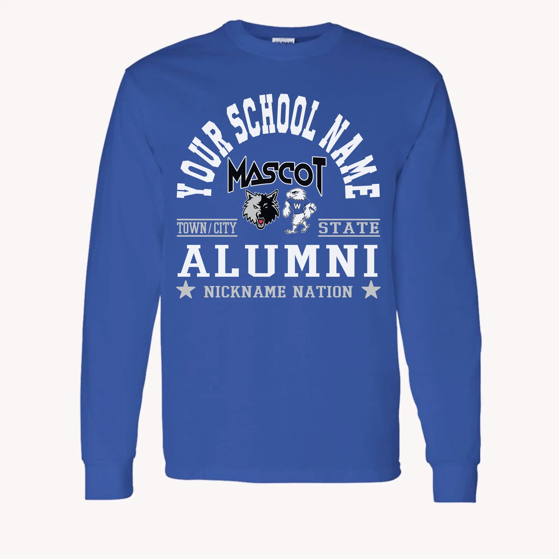 A maroon long sleeve shirt, a piece of custom alumni memorabilia, personalized with a school nation emblem.