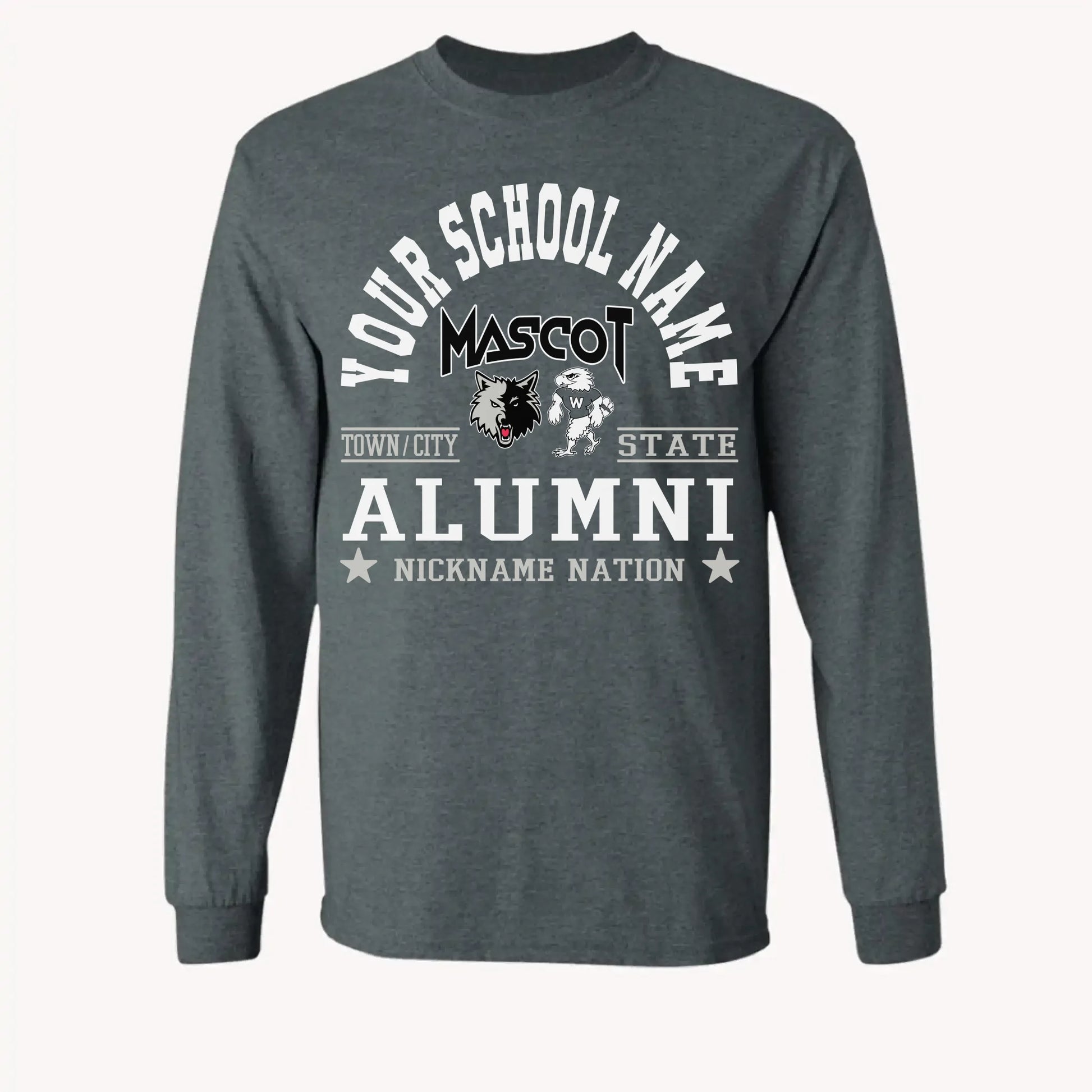 A maroon long sleeve shirt, a piece of custom alumni memorabilia, personalized with a school nation emblem.