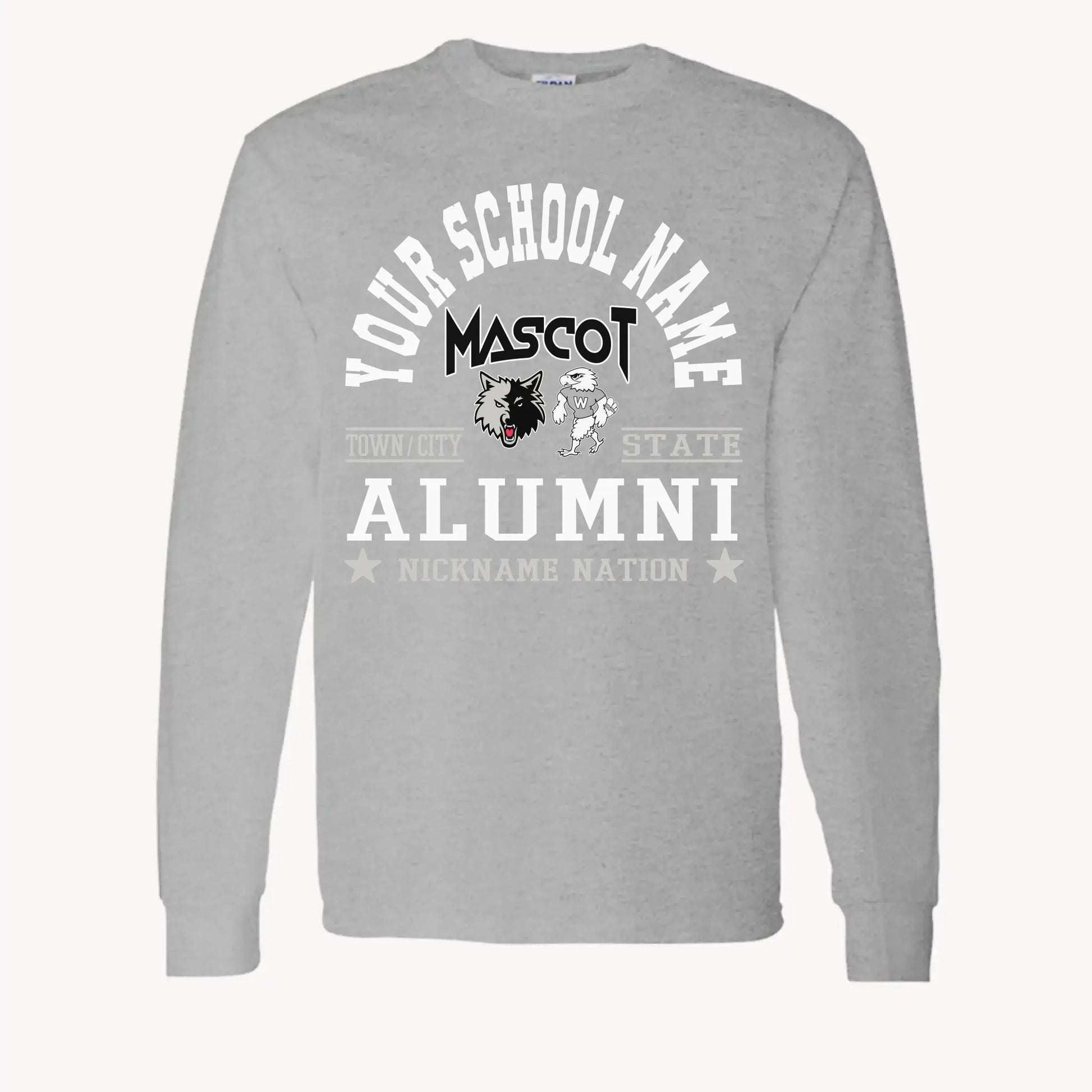 A maroon long sleeve shirt, a piece of custom alumni memorabilia, personalized with a school nation emblem.
