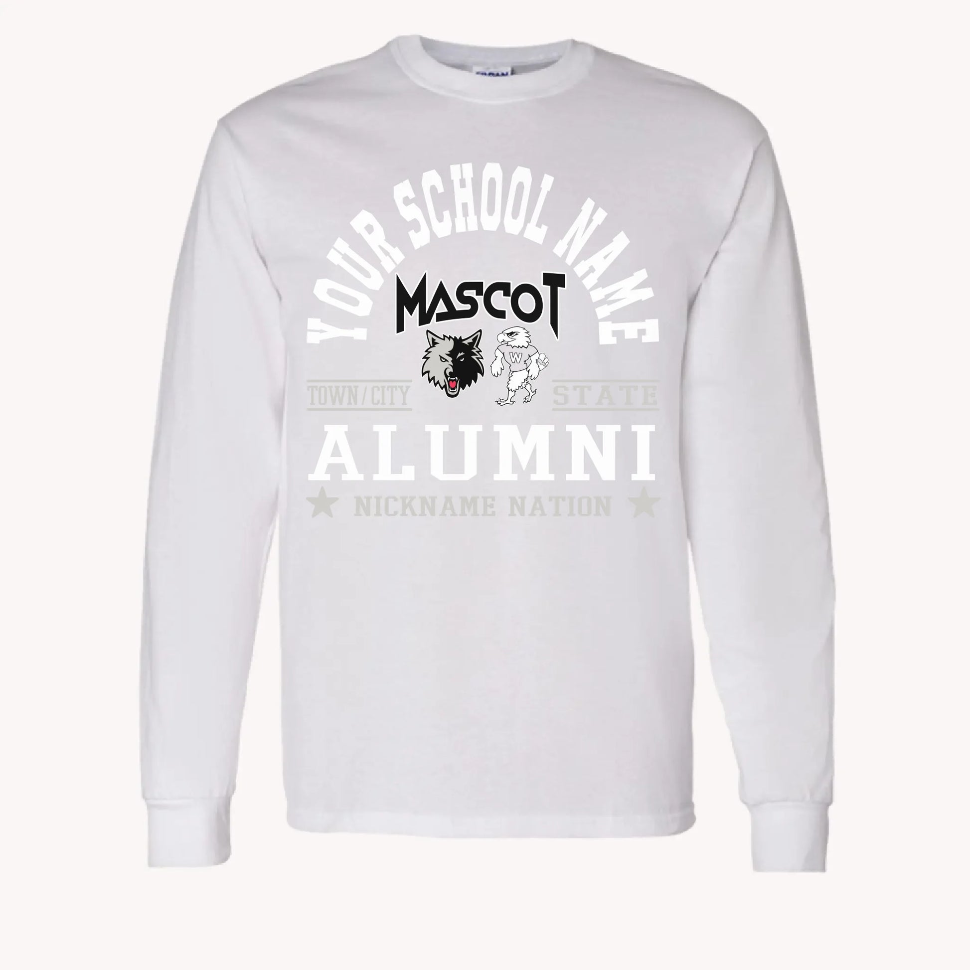 A maroon long sleeve shirt, a piece of custom alumni memorabilia, personalized with a school nation emblem.