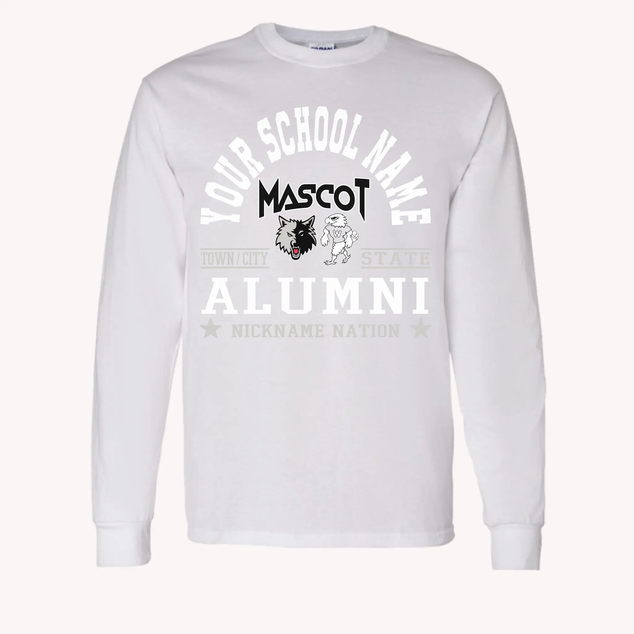 A maroon long sleeve shirt, a piece of custom alumni memorabilia, personalized with a school nation emblem.