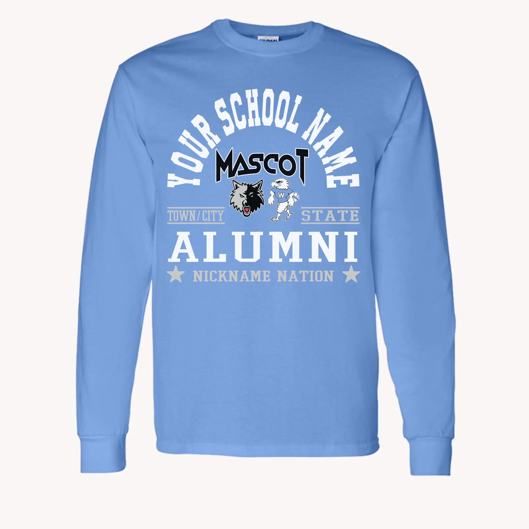 A maroon long sleeve shirt, a piece of custom alumni memorabilia, personalized with a school nation emblem.