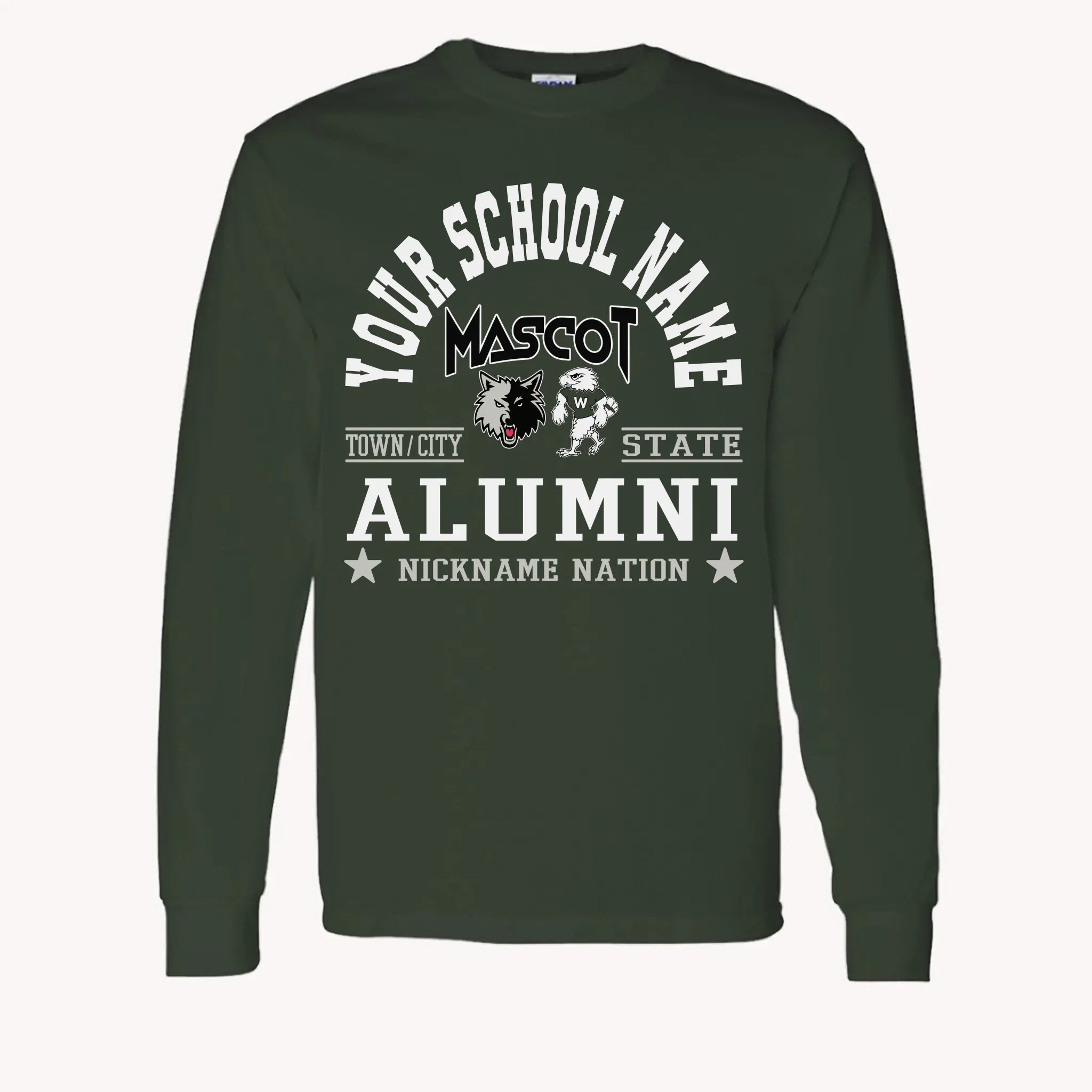 A maroon long sleeve shirt, a piece of custom alumni memorabilia, personalized with a school nation emblem.