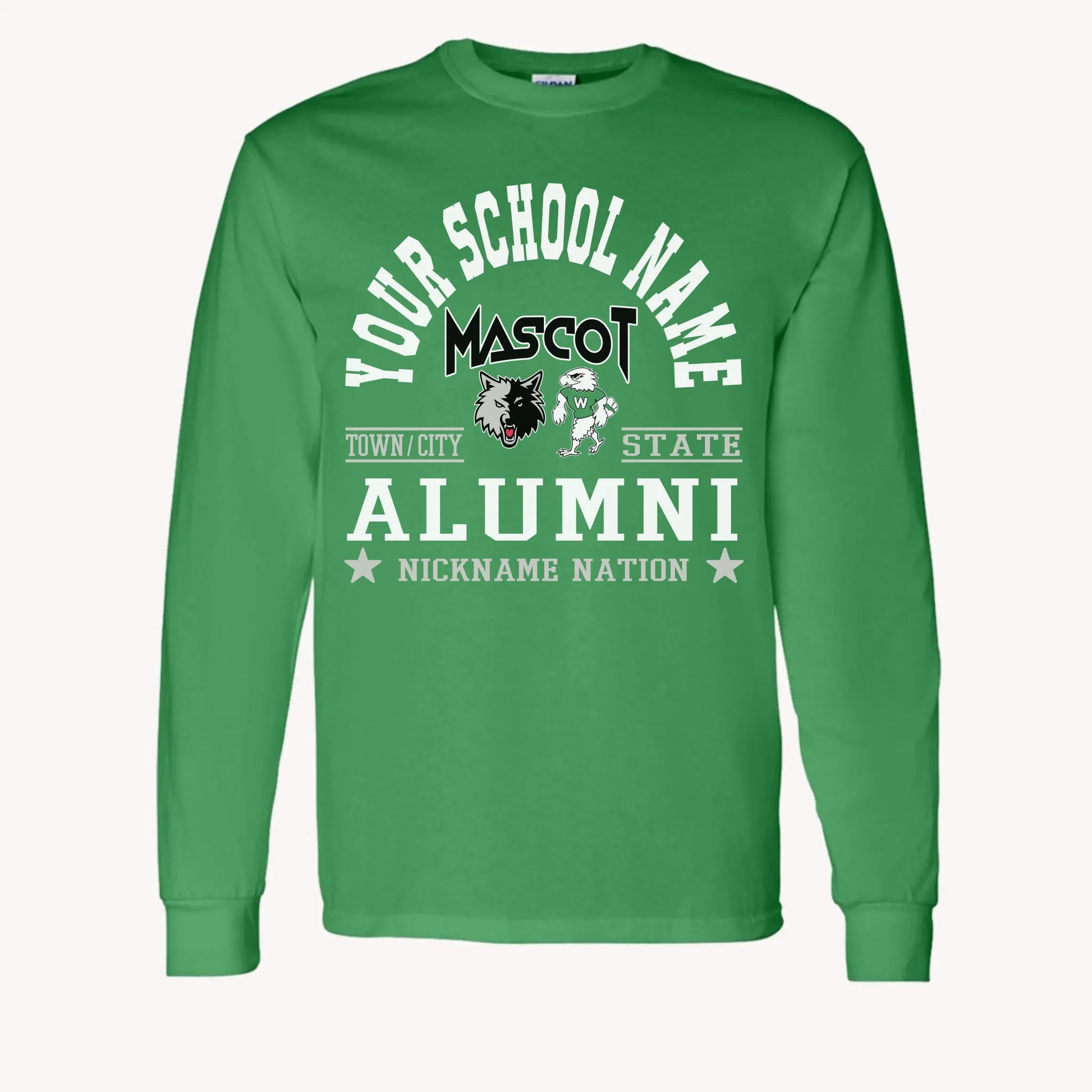 A maroon long sleeve shirt, a piece of custom alumni memorabilia, personalized with a school nation emblem.