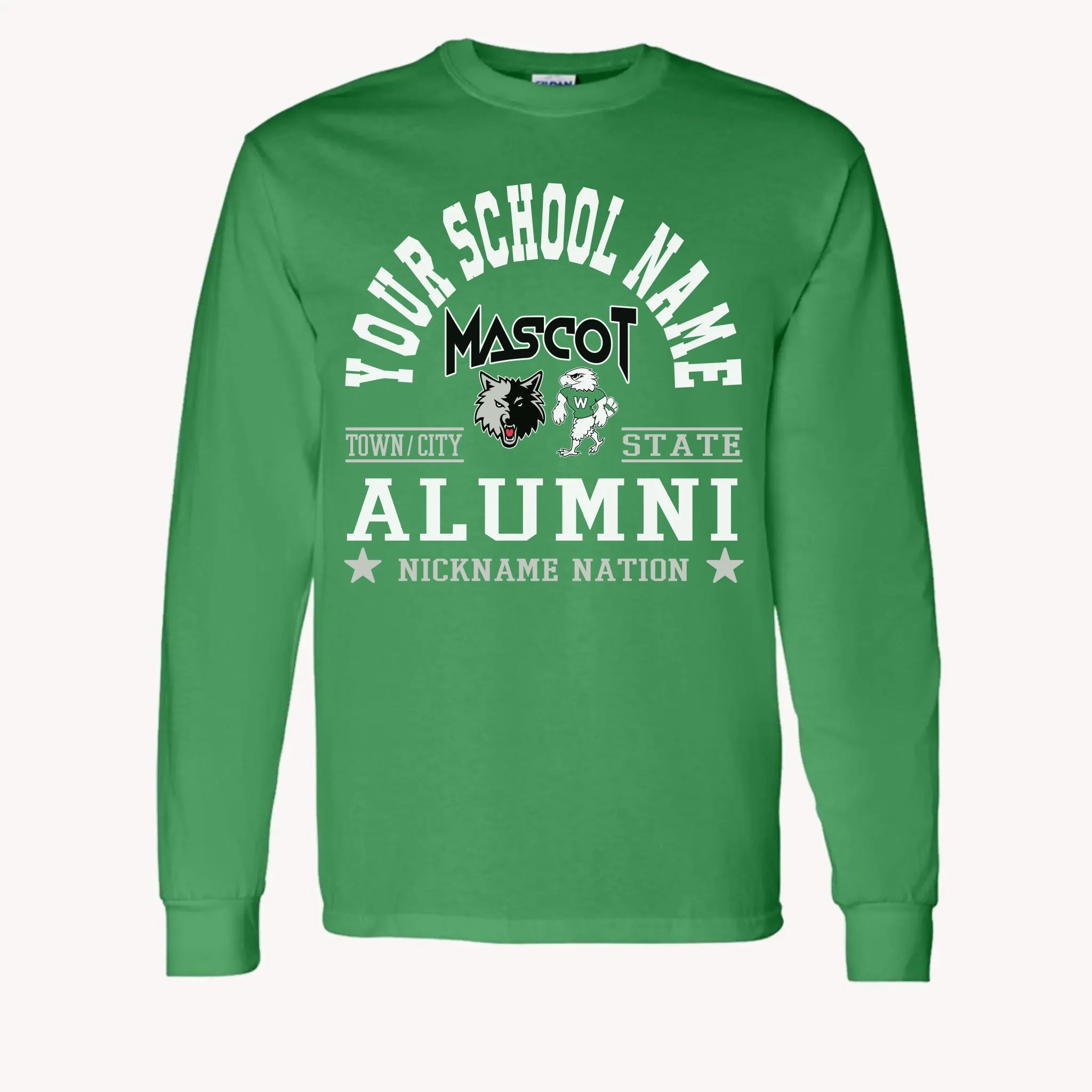 A maroon long sleeve shirt, a piece of custom alumni memorabilia, personalized with a school nation emblem.