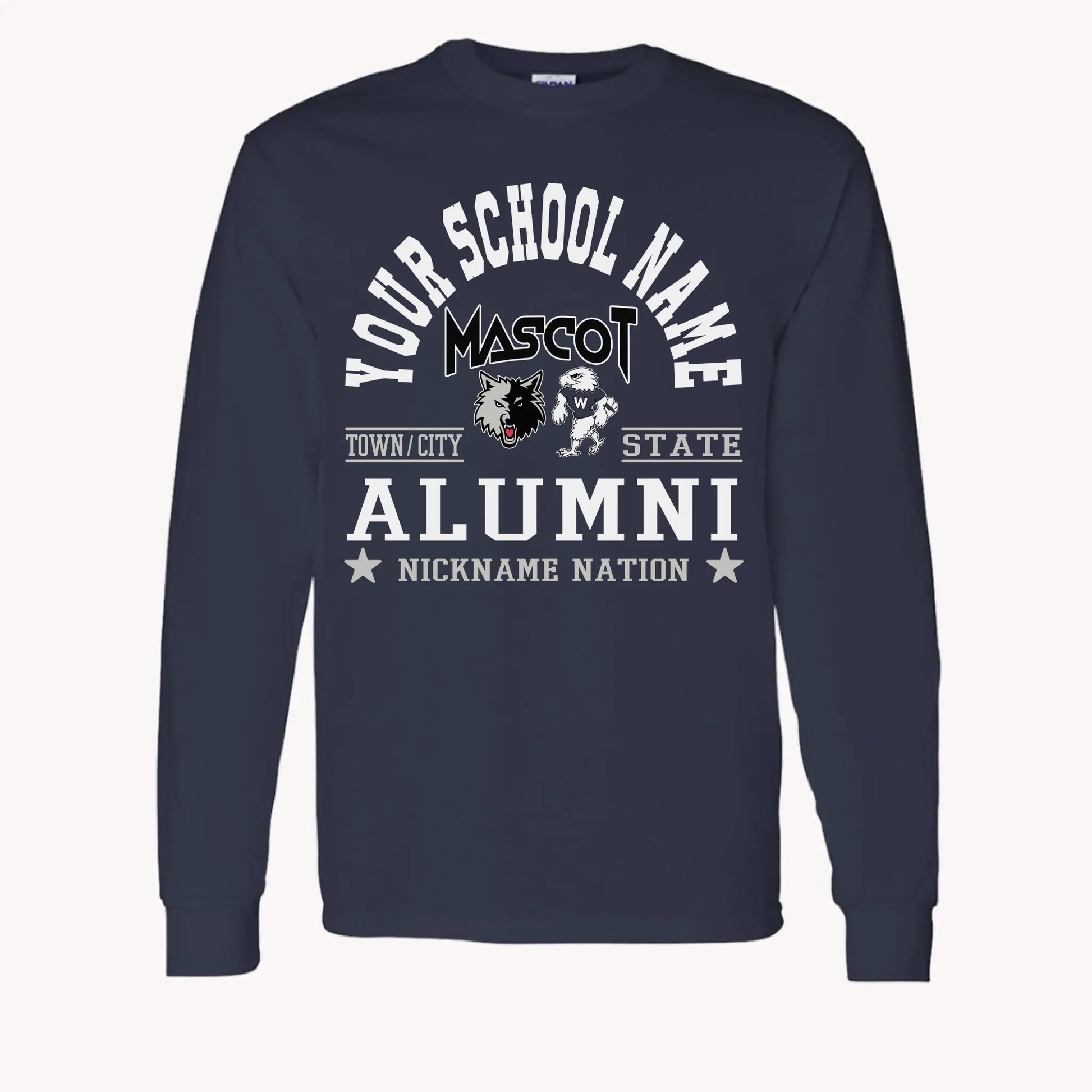 A maroon long sleeve shirt, a piece of custom alumni memorabilia, personalized with a school nation emblem.