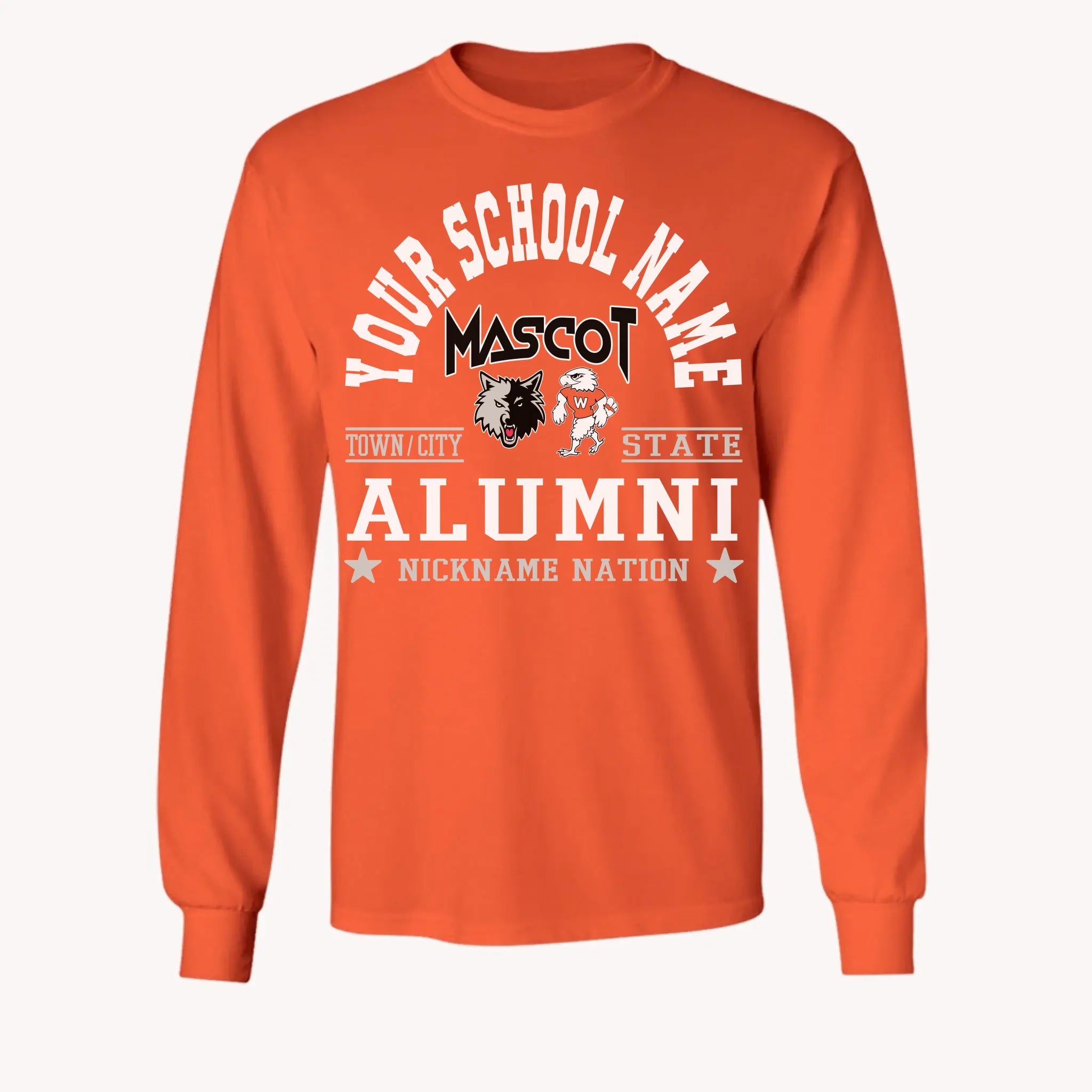 A maroon long sleeve shirt, a piece of custom alumni memorabilia, personalized with a school nation emblem.