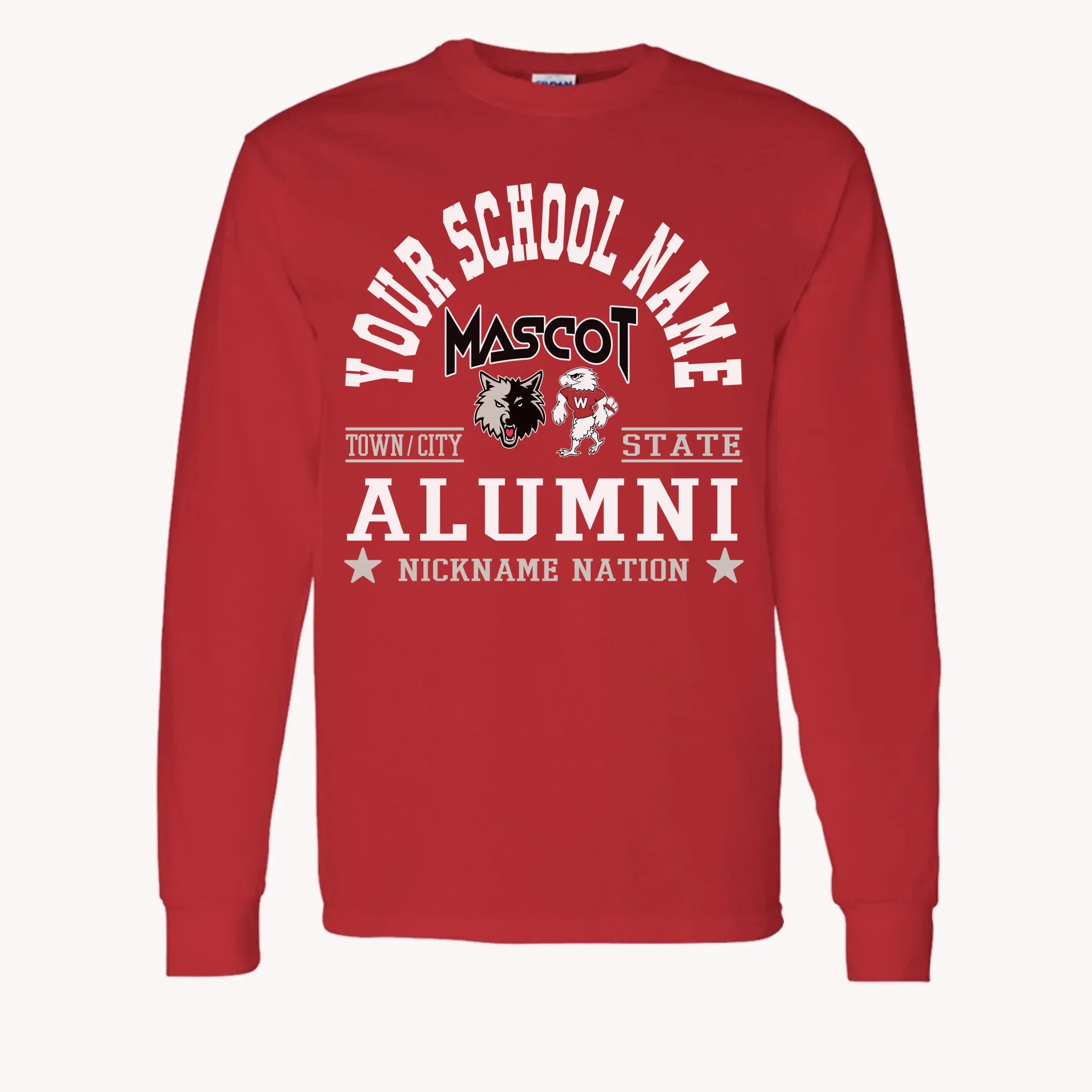 A maroon long sleeve shirt, a piece of custom alumni memorabilia, personalized with a school nation emblem.