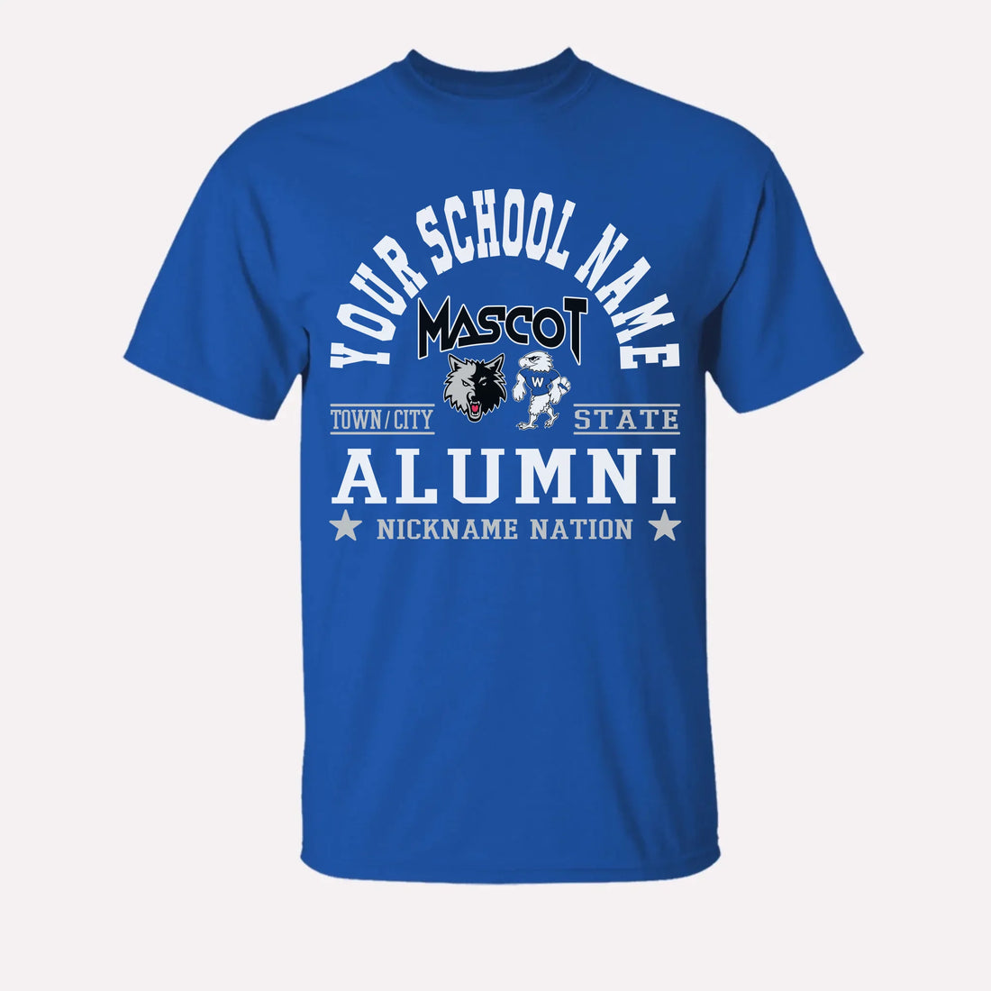 A royal blue custom alumni t-shirt with a personalized "School Nation" design, a great gift for class reunions.