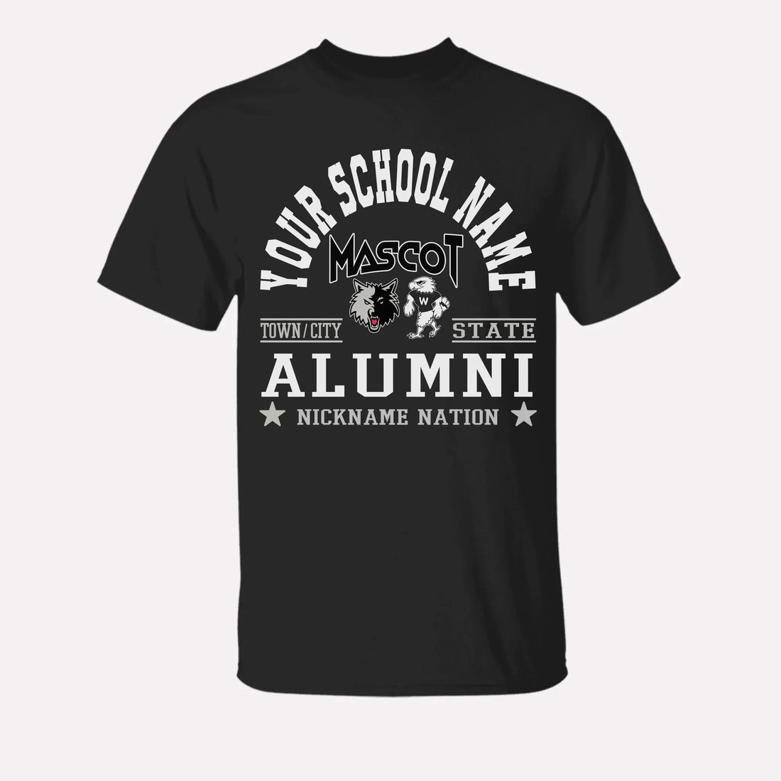 A royal blue custom alumni t-shirt with a personalized "School Nation" design, a great gift for class reunions.