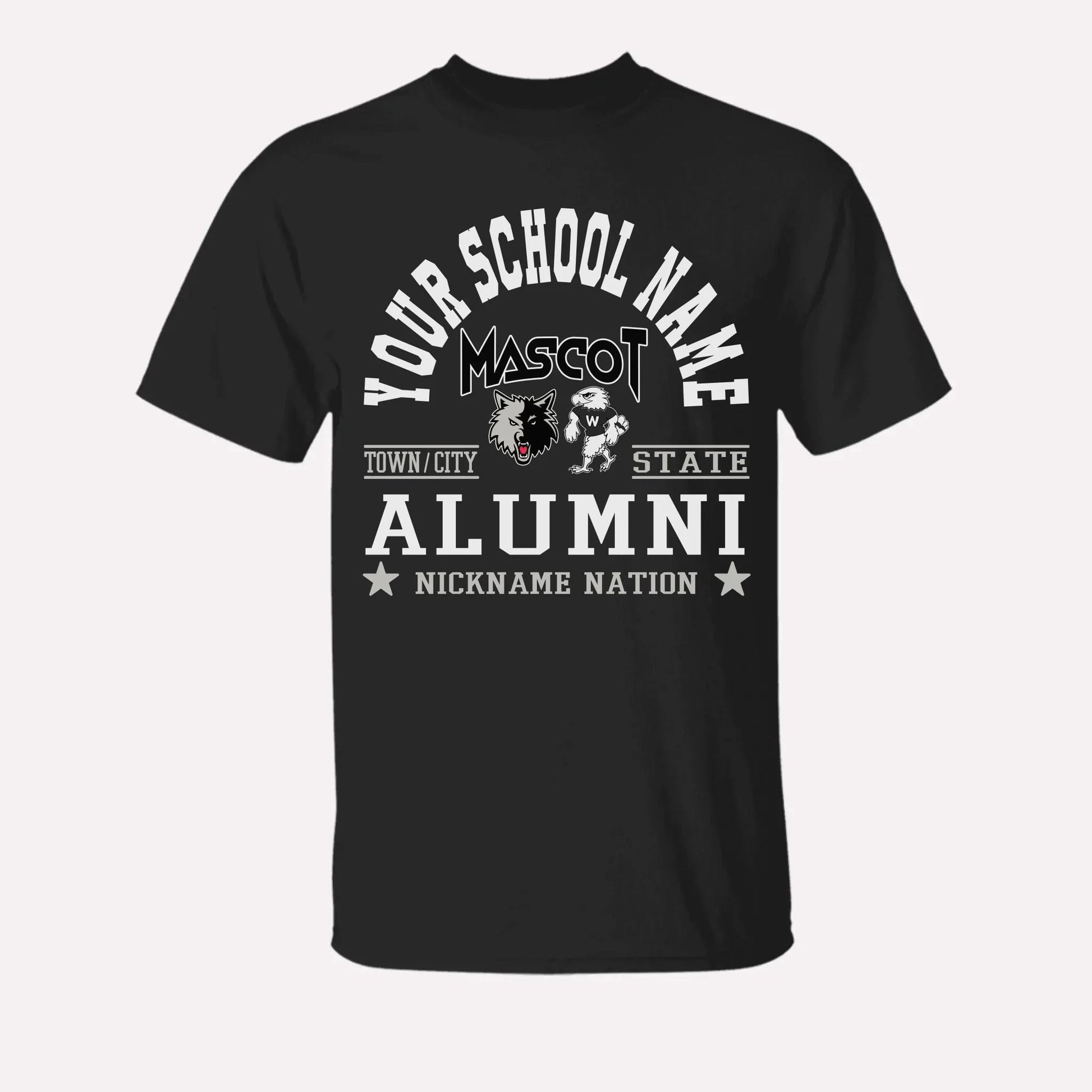 A royal blue custom alumni t-shirt with a personalized "School Nation" design, a great gift for class reunions.