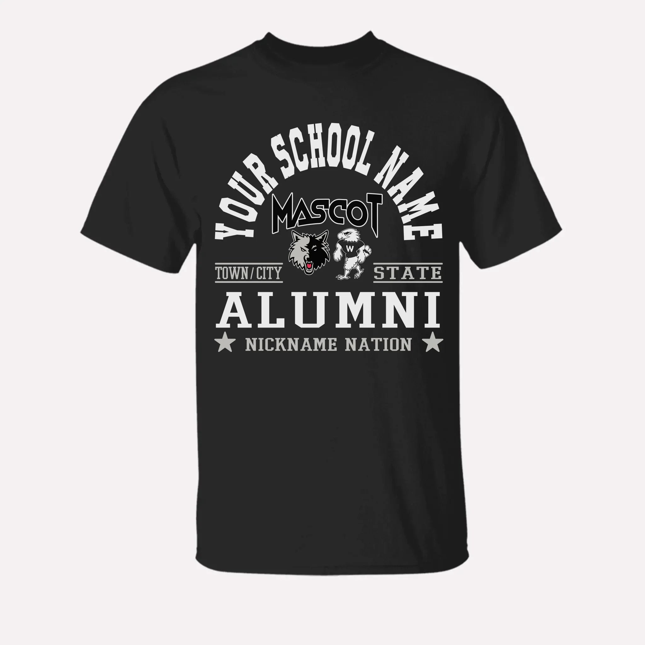 A royal blue custom alumni t-shirt with a personalized "School Nation" design, a great gift for class reunions.
