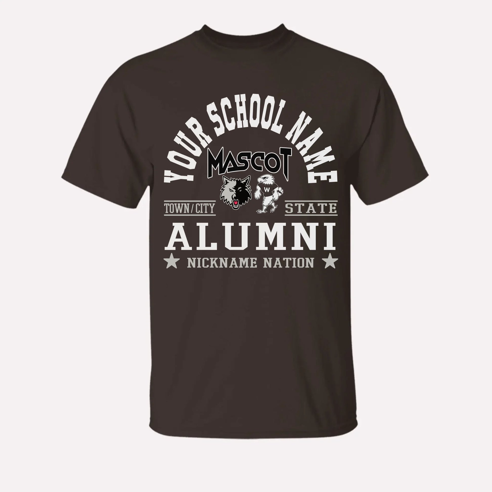 A royal blue custom alumni t-shirt with a personalized "School Nation" design, a great gift for class reunions.