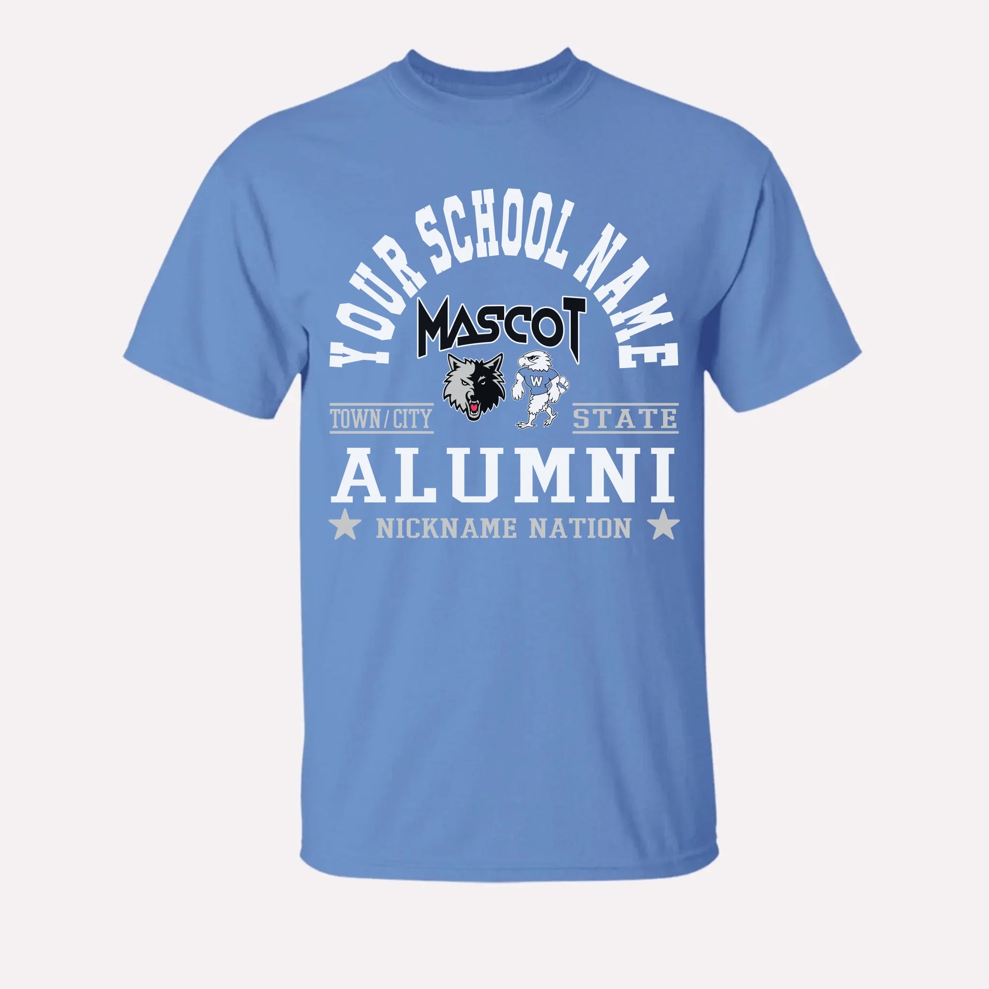 A royal blue custom alumni t-shirt with a personalized "School Nation" design, a great gift for class reunions.