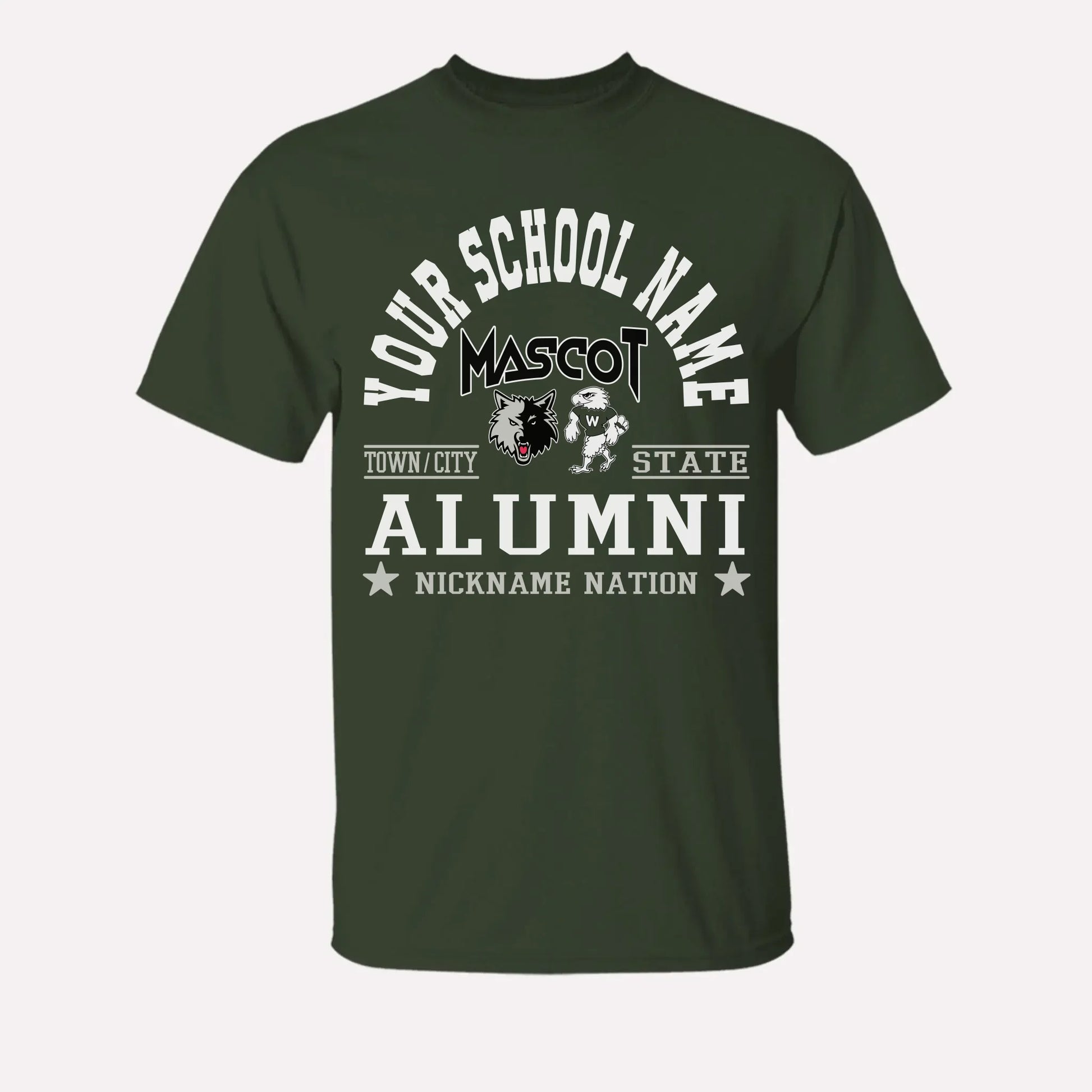 A royal blue custom alumni t-shirt with a personalized "School Nation" design, a great gift for class reunions.