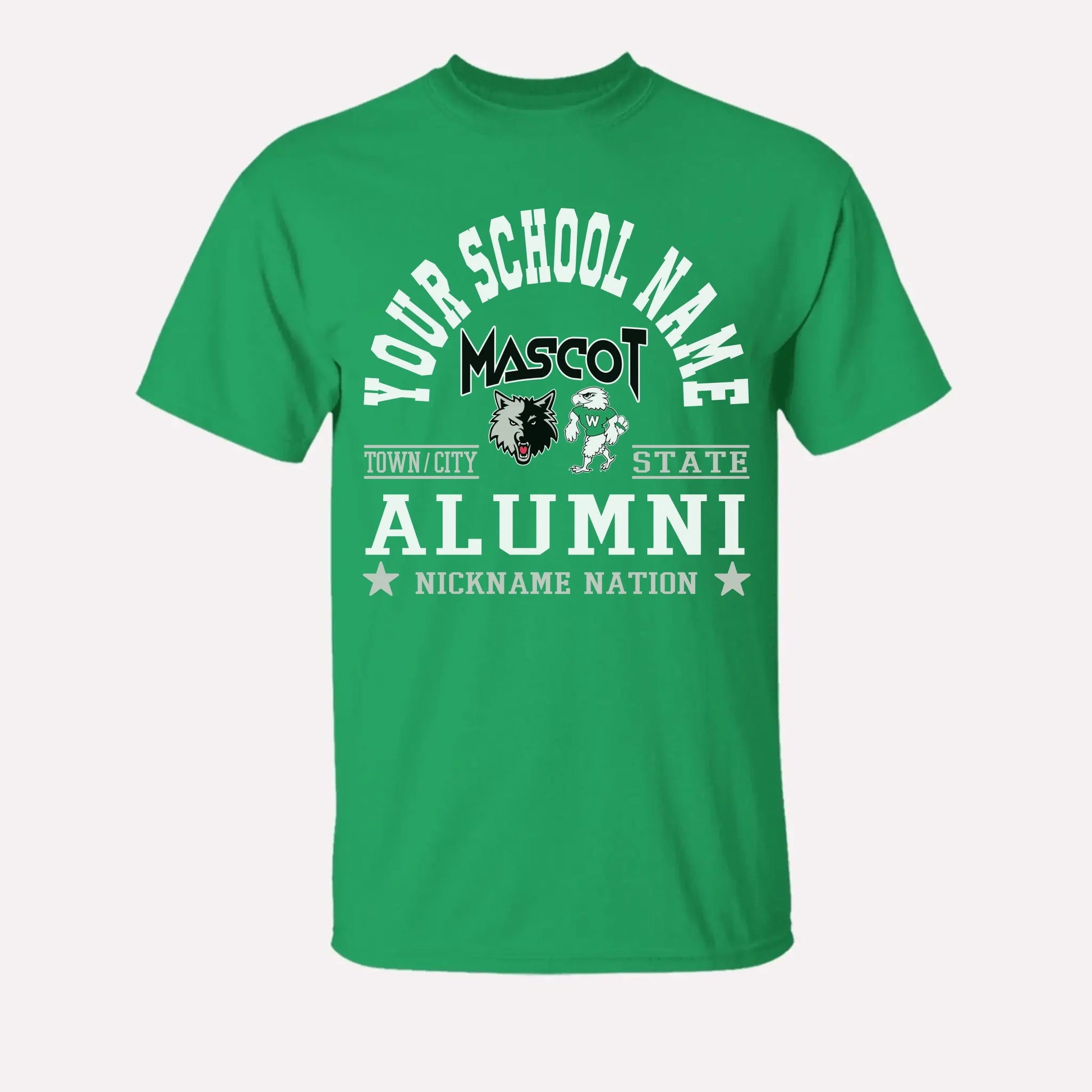 A royal blue custom alumni t-shirt with a personalized "School Nation" design, a great gift for class reunions.