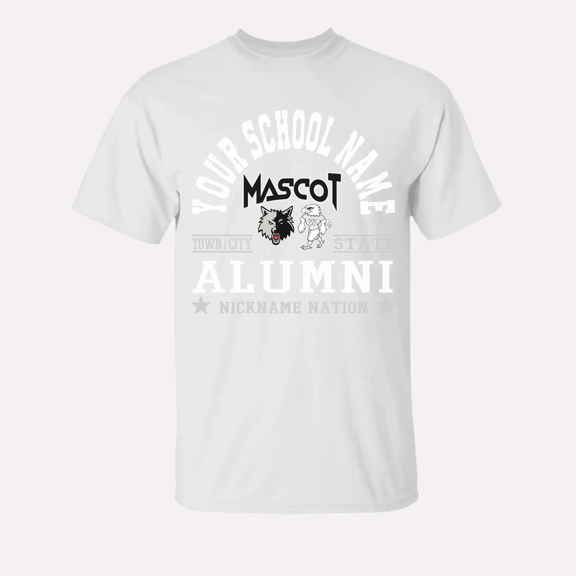 A royal blue custom alumni t-shirt with a personalized "School Nation" design, a great gift for class reunions.