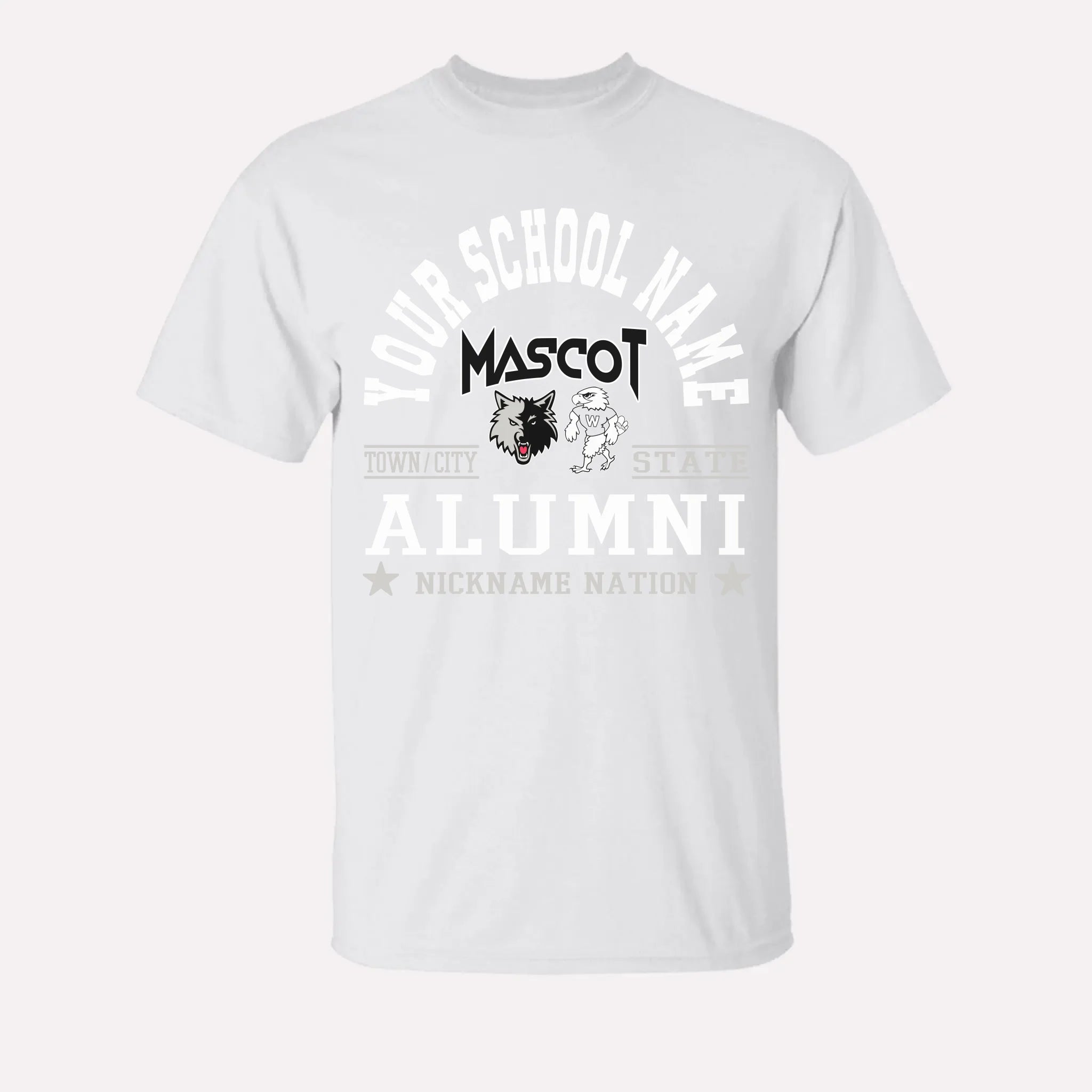 A royal blue custom alumni t-shirt with a personalized "School Nation" design, a great gift for class reunions.